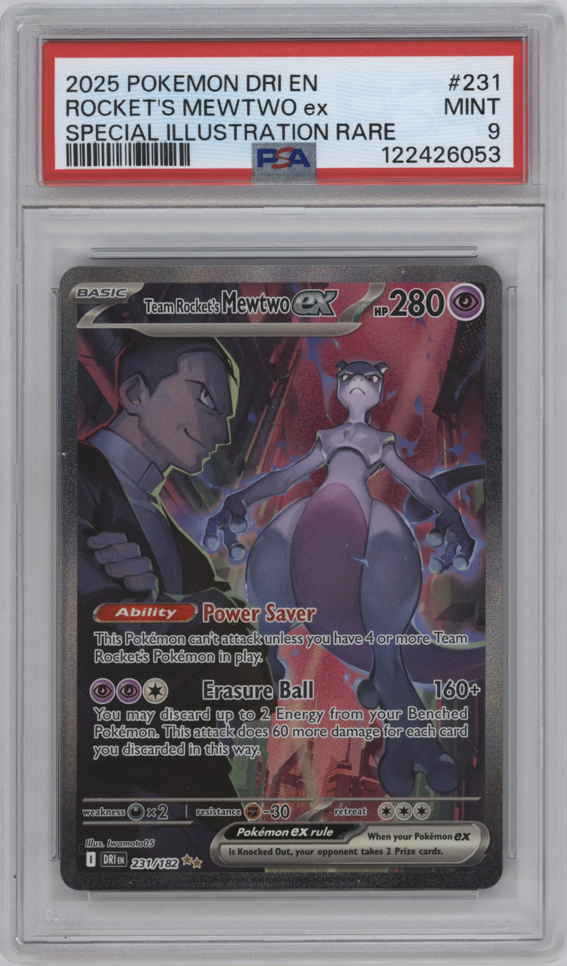 Team Rocket's Mewtwo ex from the 2025 Pokemon SV set graded by PSA and given an overall grade of 9.