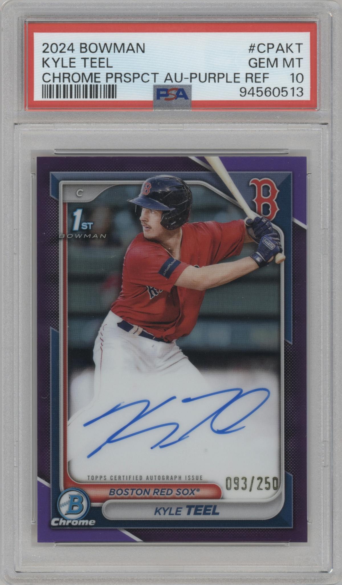 Kyle Teel from the 2024 Bowman set featuring a Purple Refractor parallel graded by PSA and given an overall grade of 10.