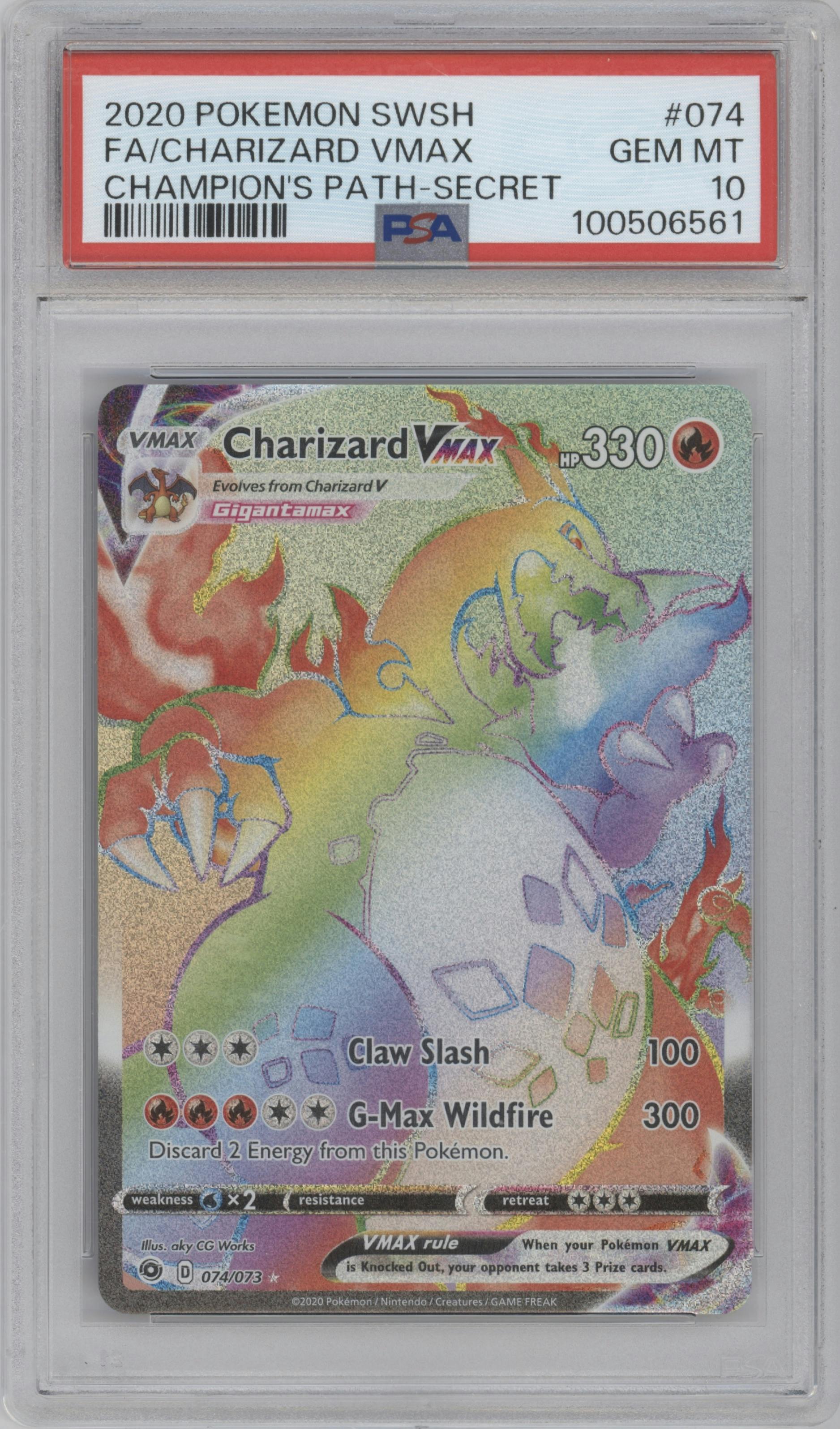 Charizard VMAX from the 2020 Pokemon SWSH set graded by PSA and given an overall grade of 10.