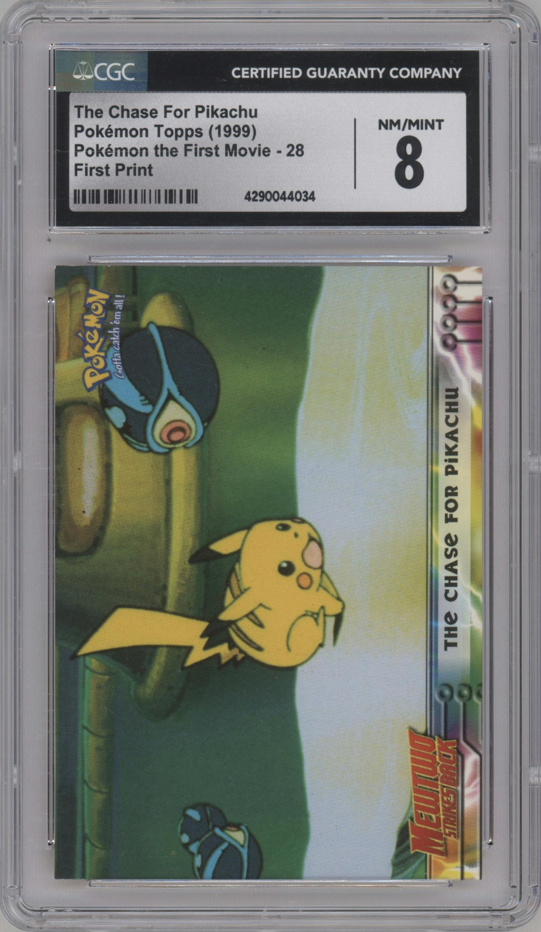The Chase for Pikachu from the 1999 Pokemon set graded by CSG and given an overall grade of 8.