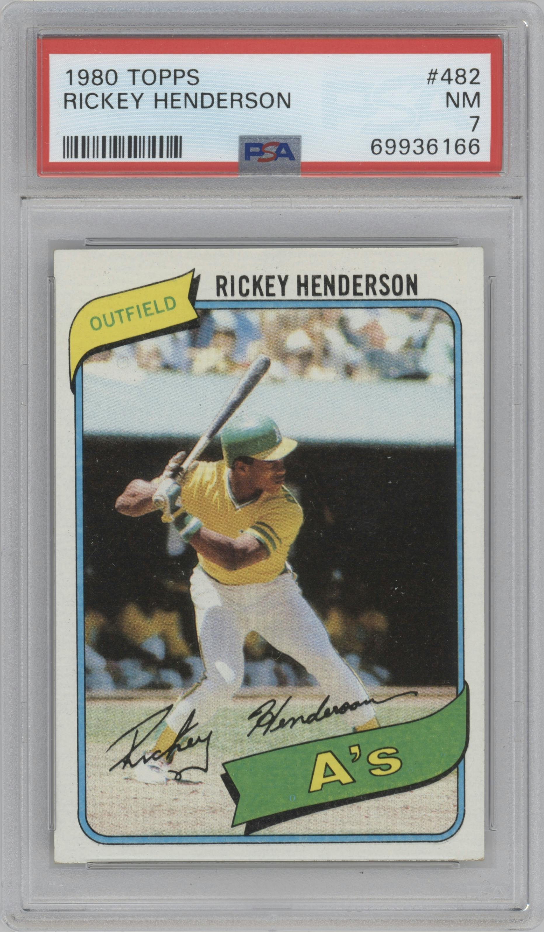 Rickey Henderson from the 1980 Topps set graded by PSA and given an overall grade of 7.