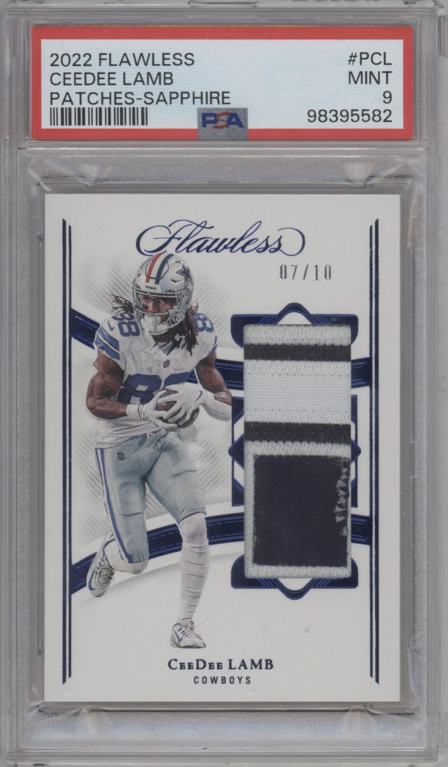 CeeDee Lamb from the 2022 Panini Flawless set featuring a Sapphire parallel graded by PSA and given an overall grade of 9.