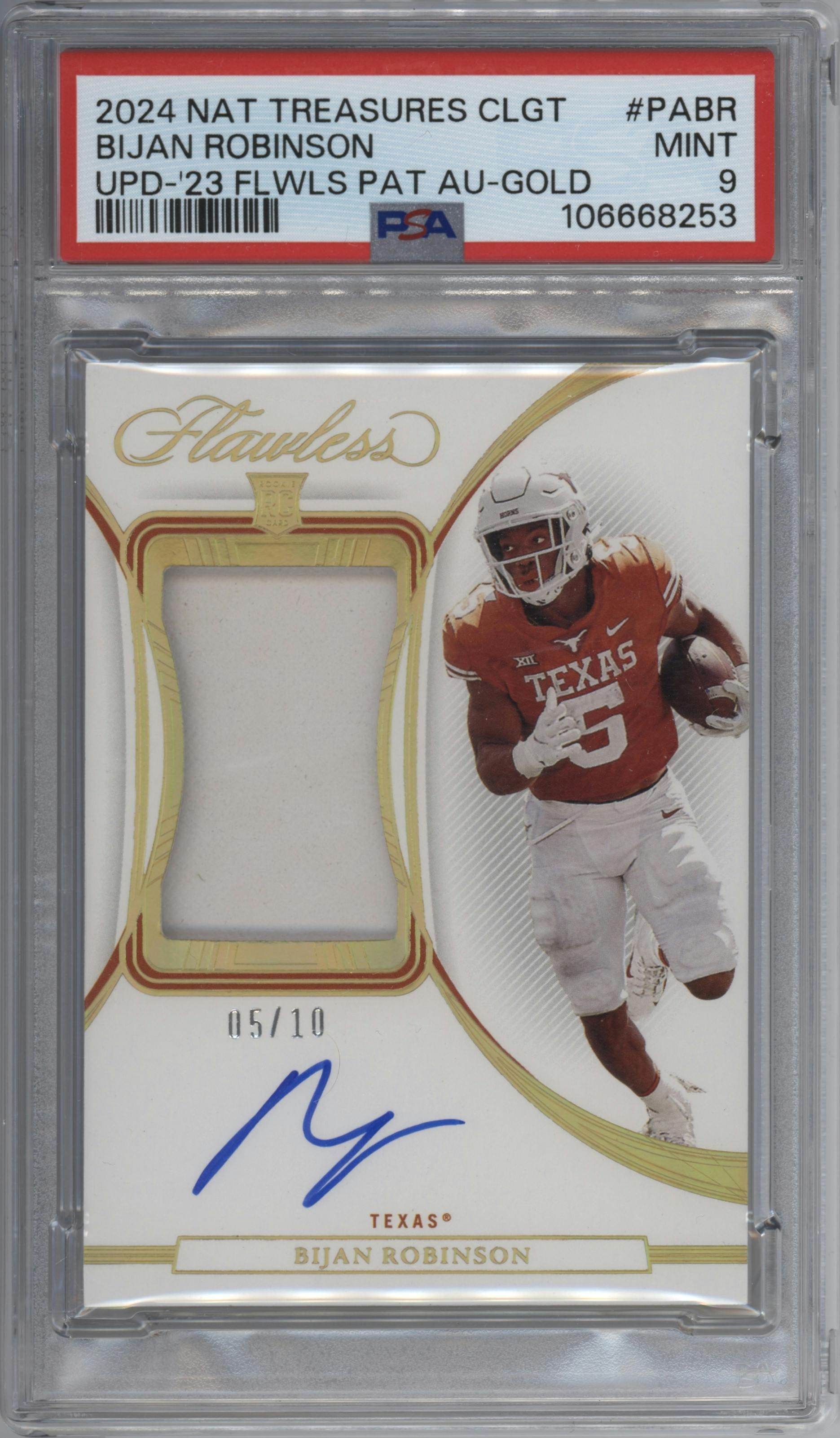 Bijan Robinson from the 2024 Panini National Treasures Collegiate set featuring a Gold parallel graded by PSA and given an overall grade of 9.