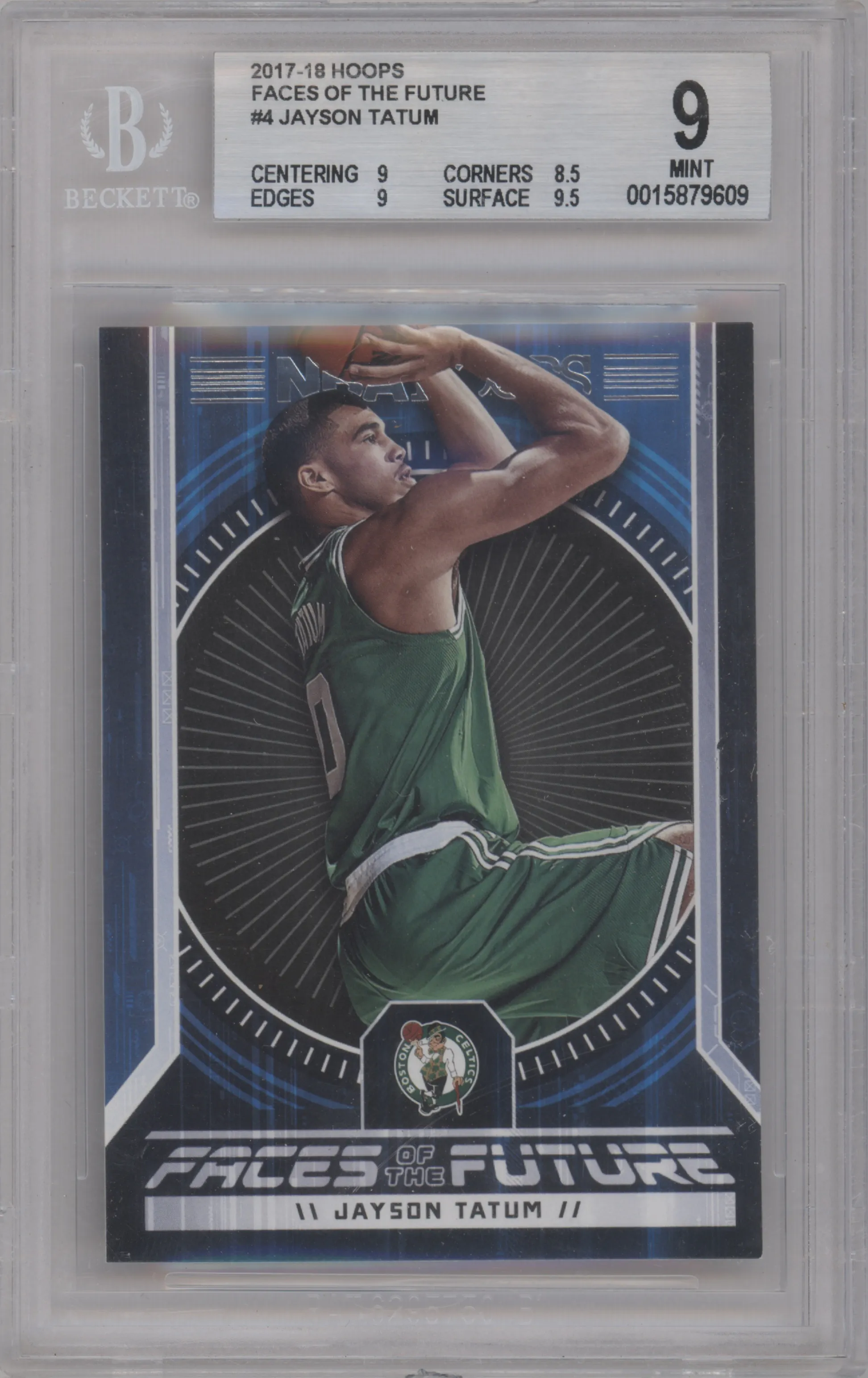 Jayson Tatum from the 2017-18 Panini NBA Hoops set graded by Beckett and given an overall grade of 9.