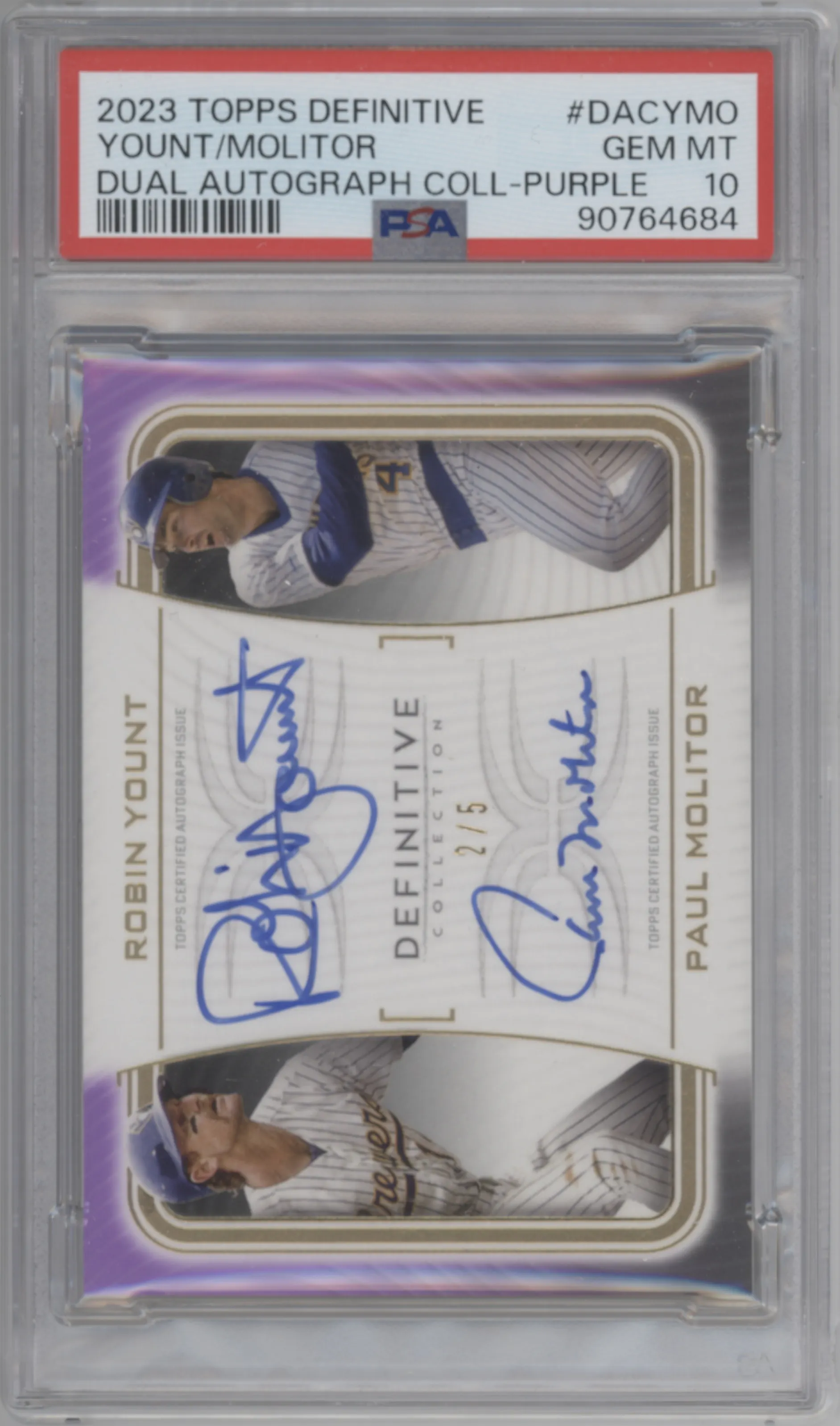 Robin Yount/Paul Molitor from the 2023 Topps Definitive Collection set featuring a Purple parallel graded by PSA and given an overall grade of 10.