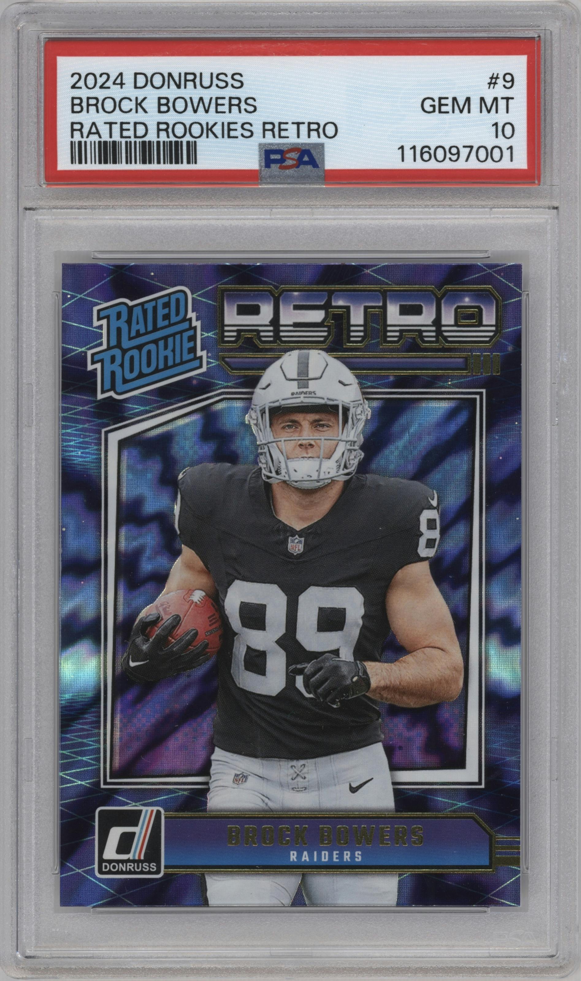 Brock Bowers from the 2024 Donruss set graded by PSA and given an overall grade of 10.