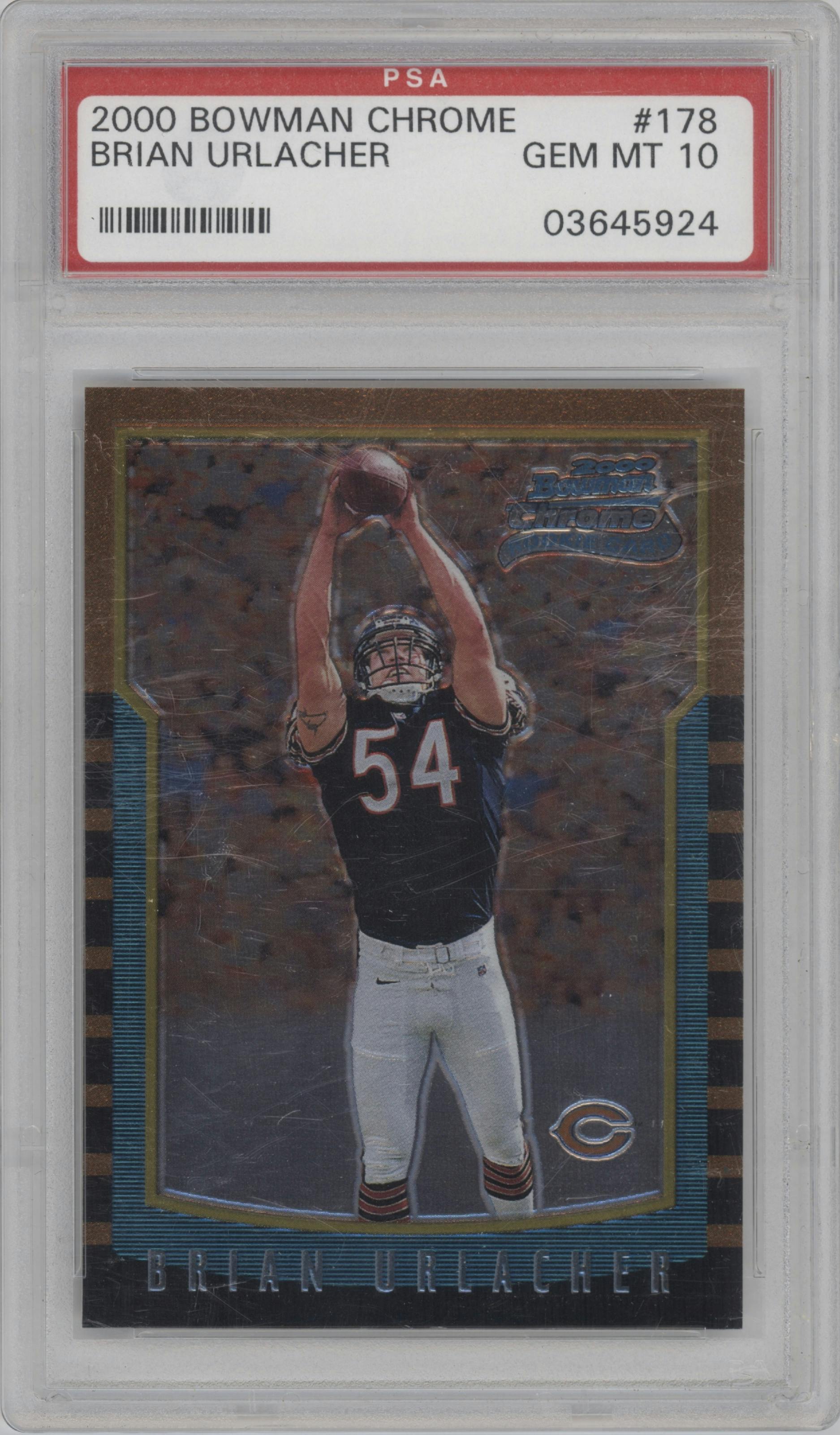 Brian Urlacher from the 2000 Bowman Chrome set graded by PSA and given an overall grade of 10.