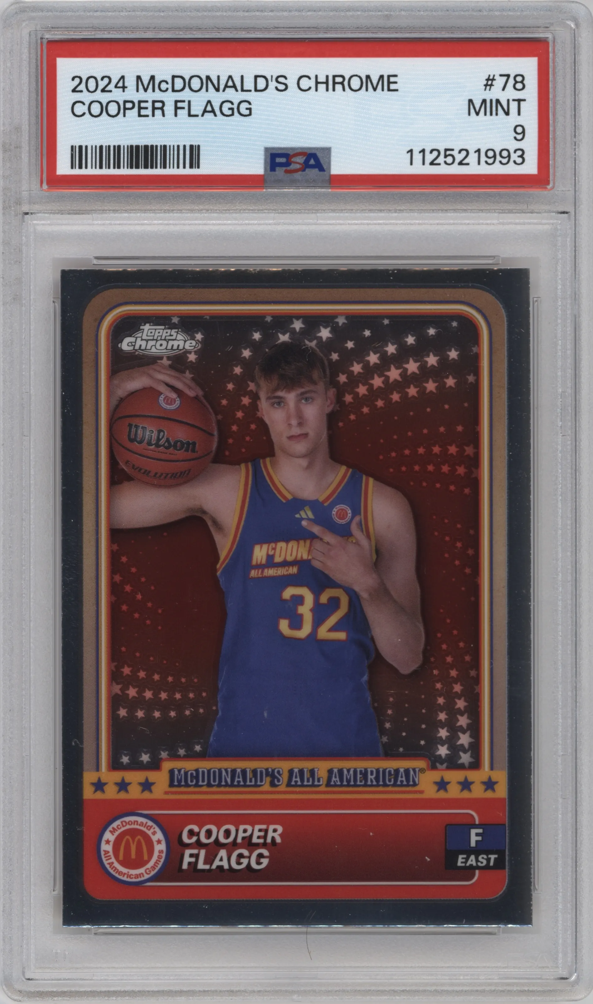 Cooper Flagg from the 2024 Topps Chrome McDonald's All-American set graded by PSA and given an overall grade of 9.