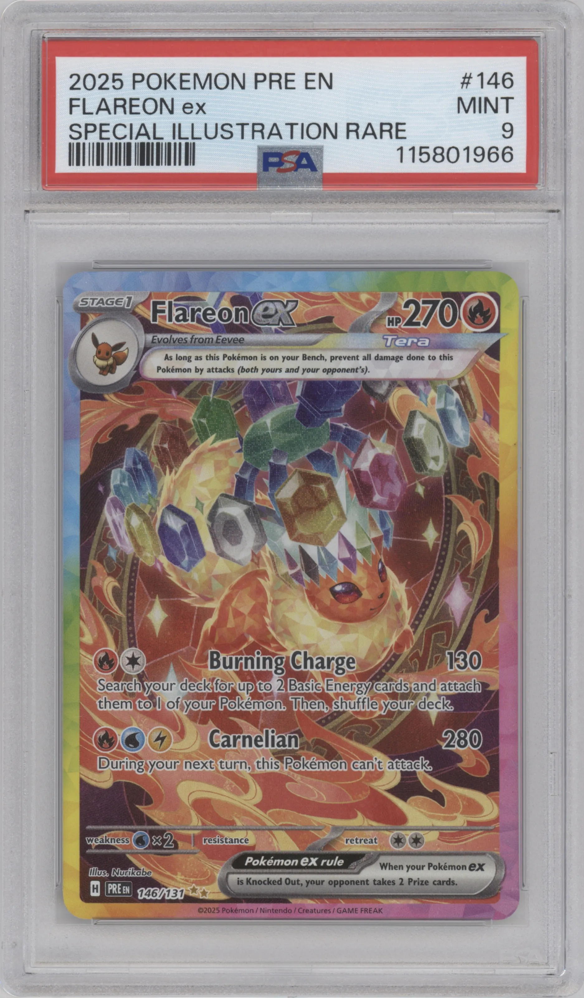 Flareon ex from the 2025 Pokemon SV set graded by PSA and given an overall grade of 9.