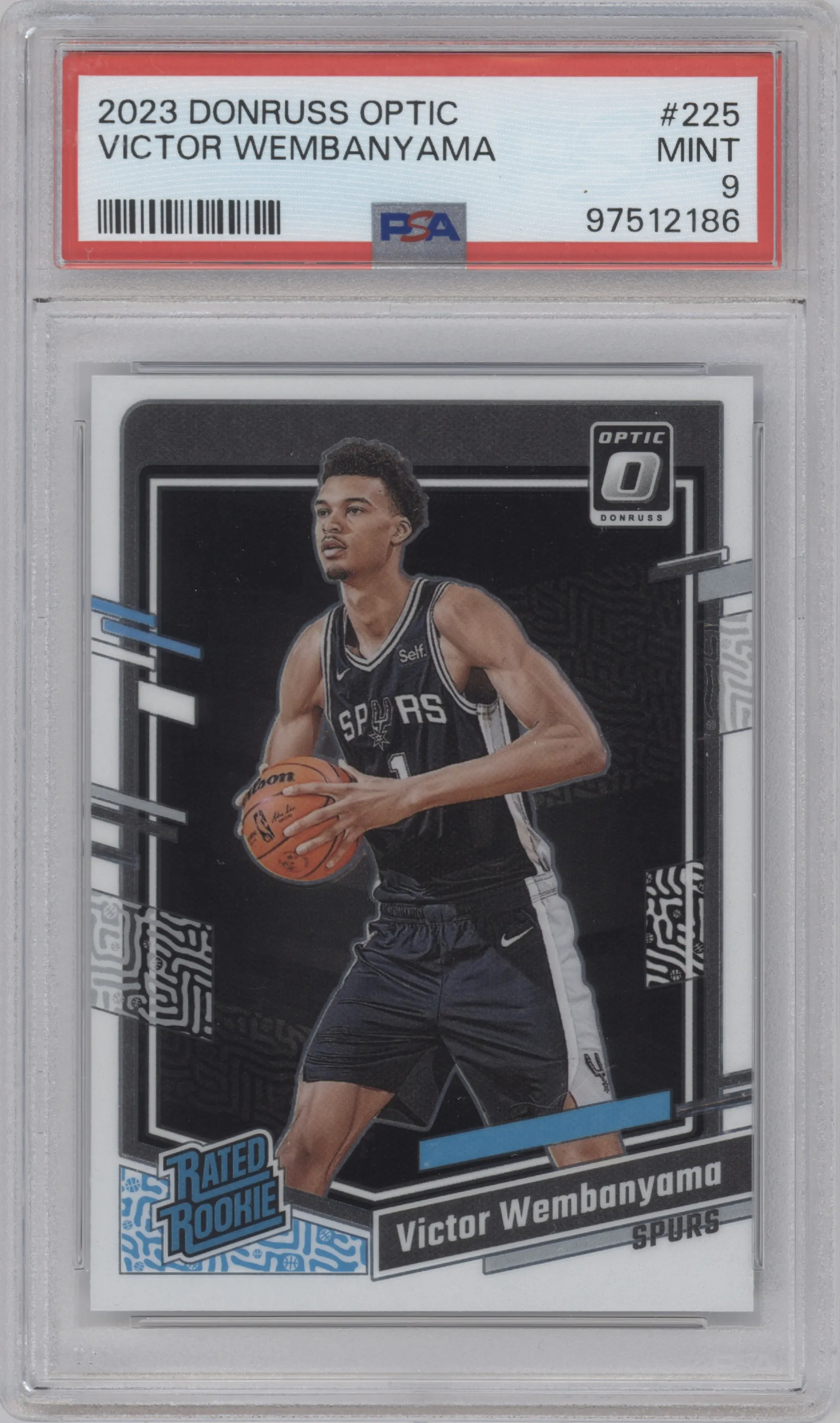 Victor Wembanyama from the 2023-24 Donruss Optic set graded by PSA and given an overall grade of 9.