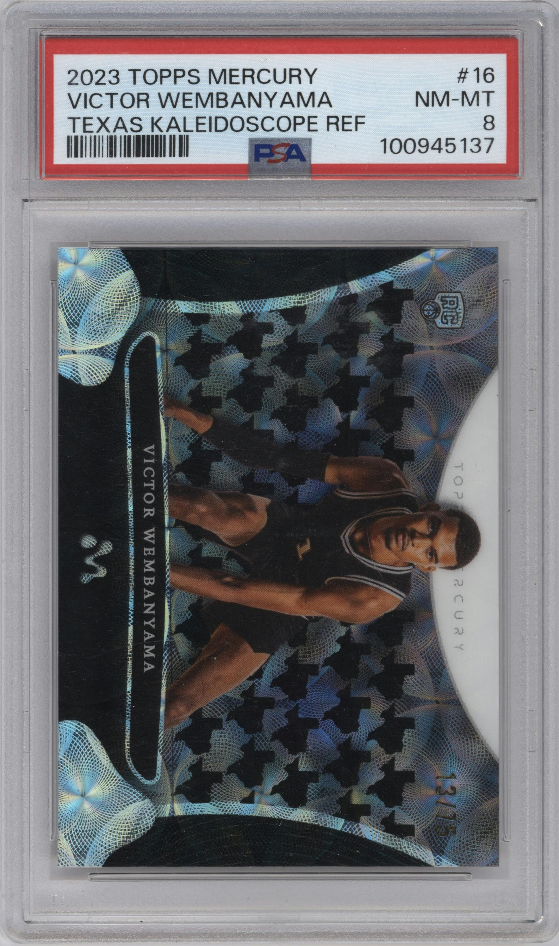 Victor Wembanyama from the 2023-24 Topps Mercury set featuring a Texas Kaleidoscope Ref. parallel graded by PSA and given an overall grade of 8.