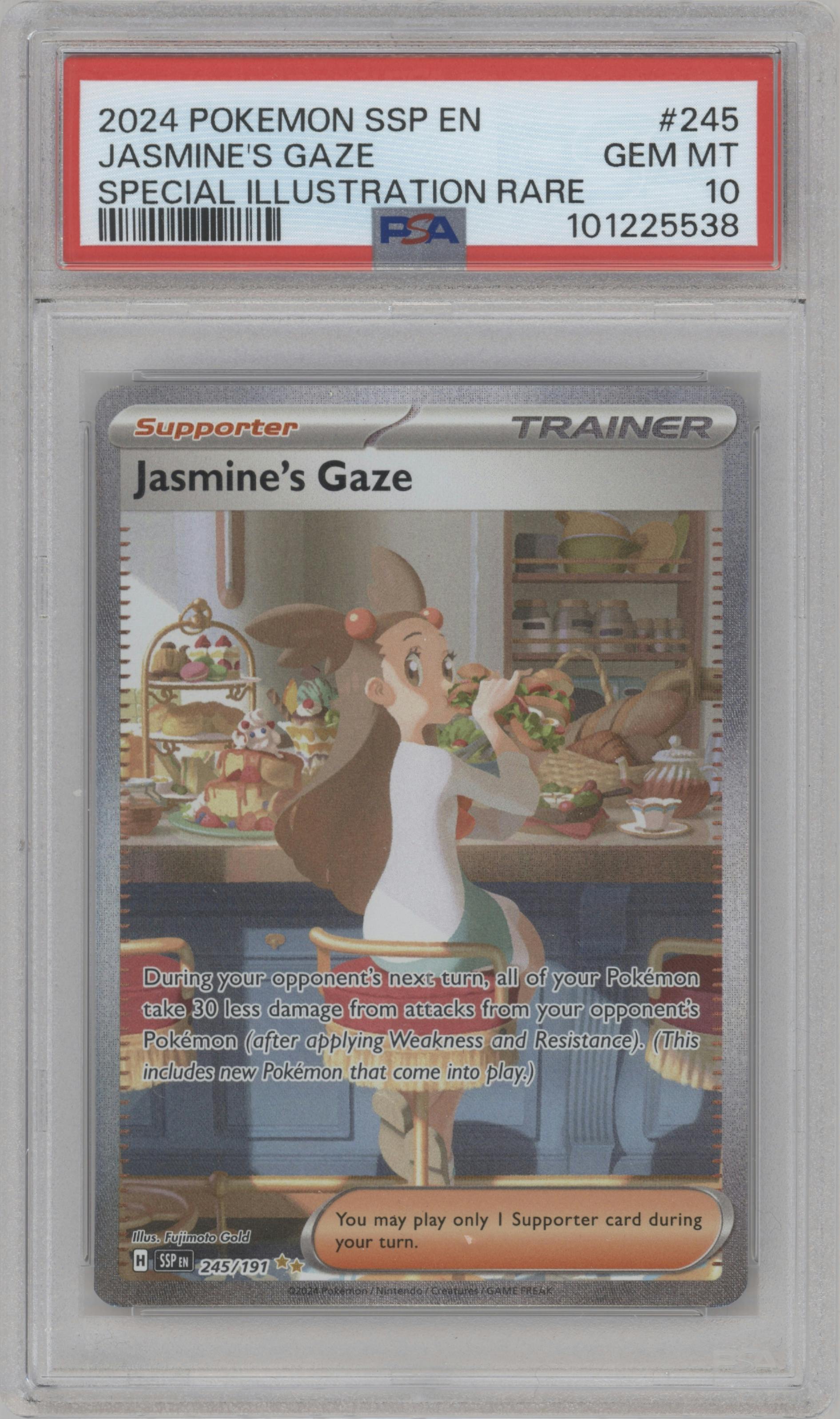 Jasmine's Gaze from the 2024 Pokemon SV set graded by PSA and given an overall grade of 10.