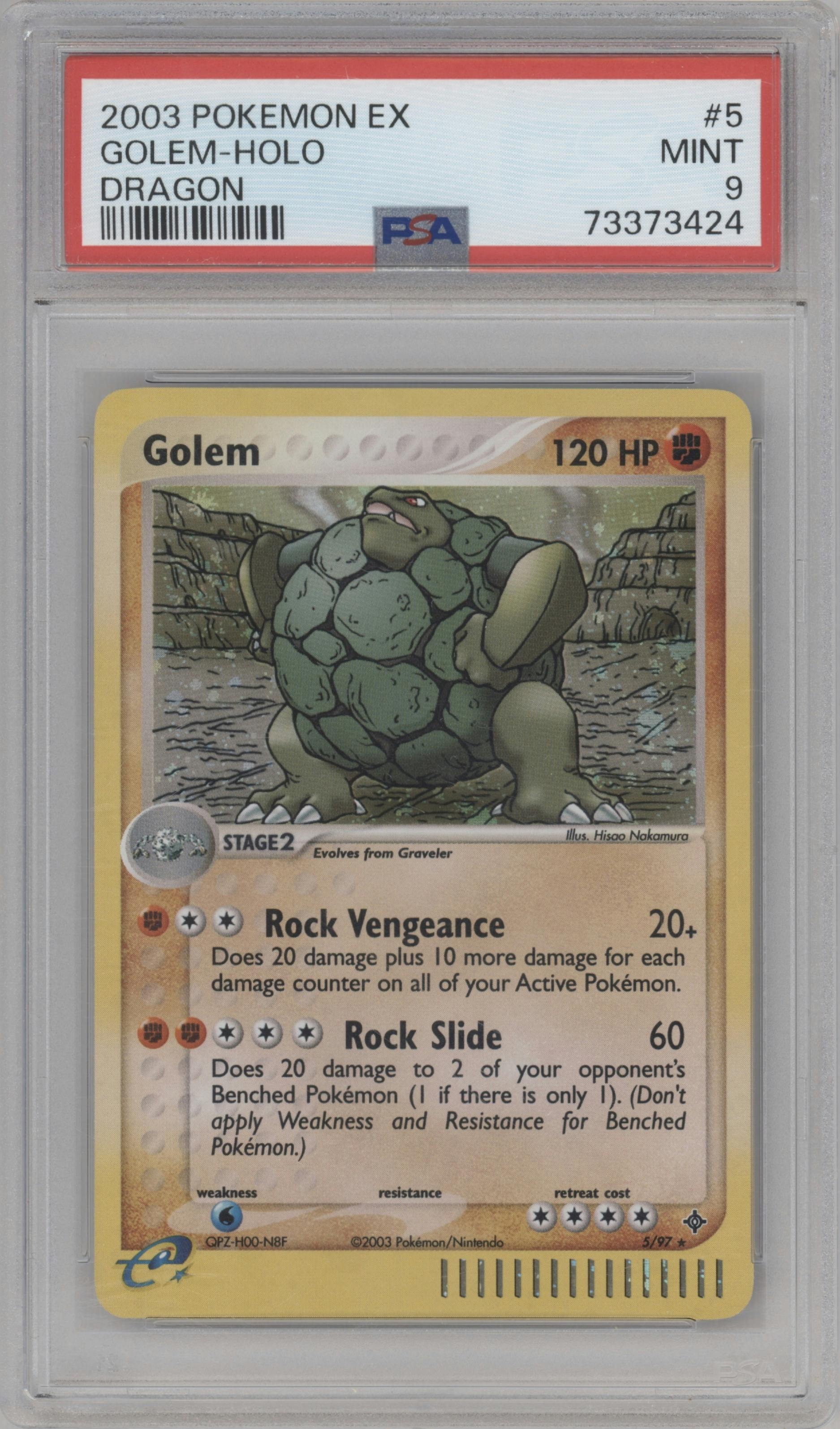 Golem from the 2003 Pokemon EX set graded by PSA and given an overall grade of 9.