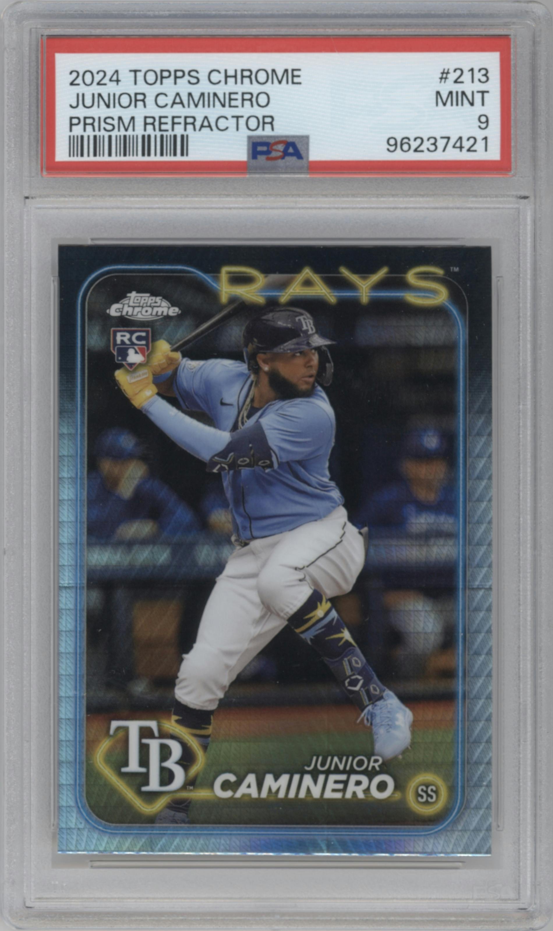 Junior Caminero from the 2024 Topps Chrome set featuring a Prism Refractor parallel graded by PSA and given an overall grade of 9.