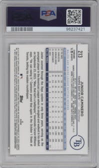 Junior Caminero from the 2024 Topps Chrome set featuring a Prism Refractor parallel graded by PSA and given an overall grade of 9.