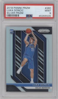Luka Doncic from the 2018-19 Panini Prizm set featuring a Silver Prizm parallel graded by PSA and given an overall grade of 9.