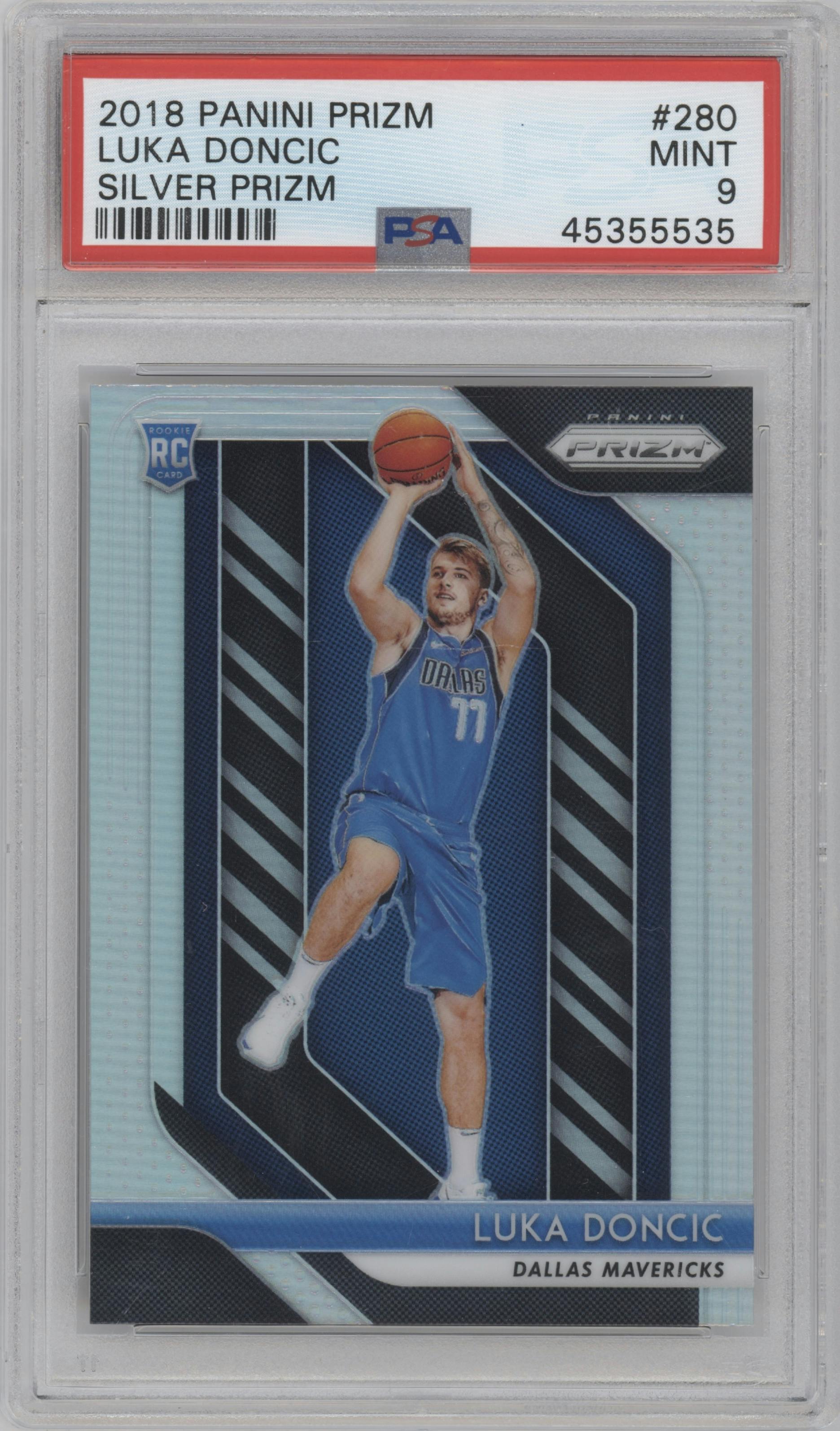 Luka Doncic from the 2018-19 Panini Prizm set featuring a Silver Prizm parallel graded by PSA and given an overall grade of 9.