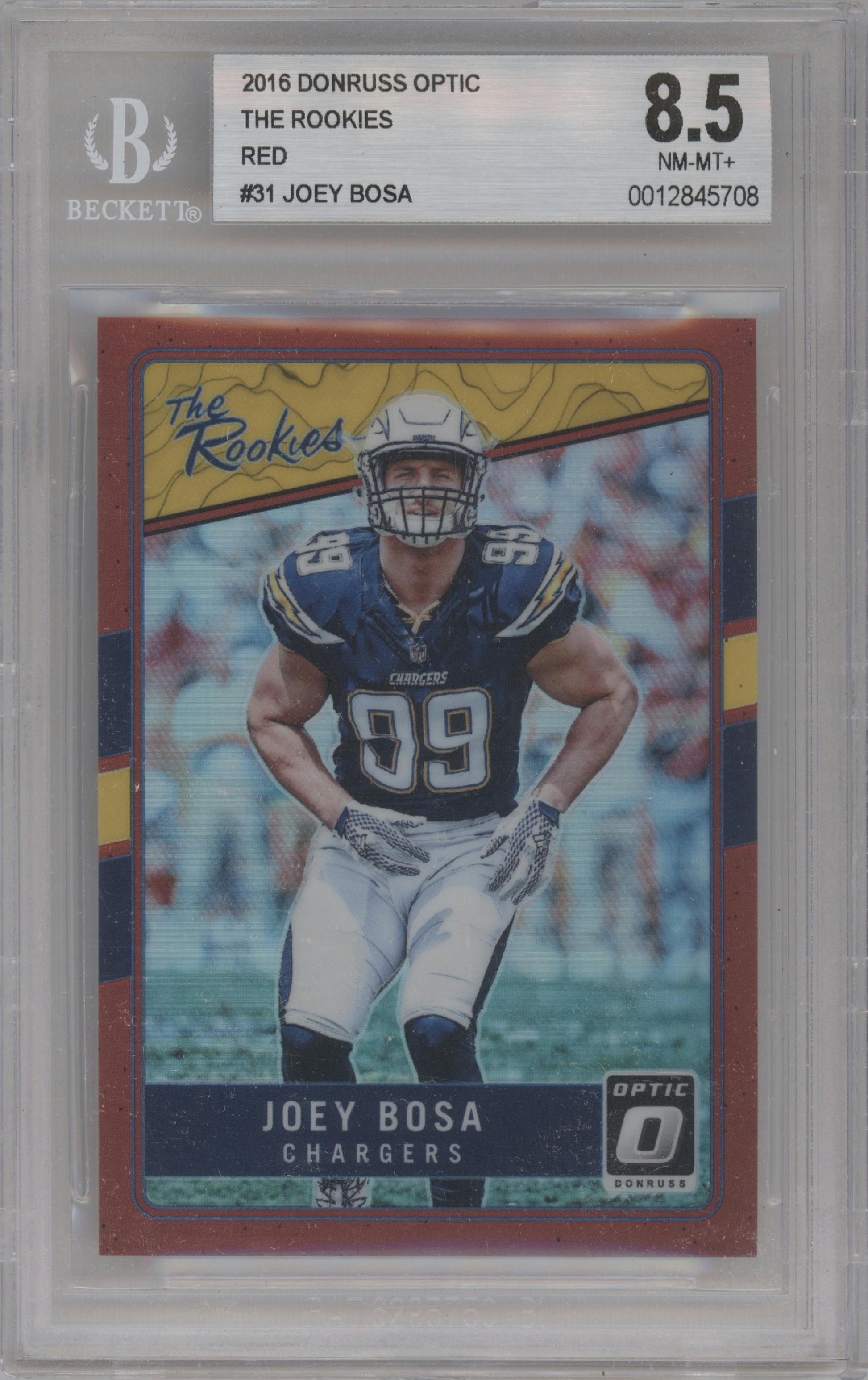 Joey Bosa from the 2016 Panini Donruss Optic set featuring a Red parallel graded by Beckett and given an overall grade of 8.5.