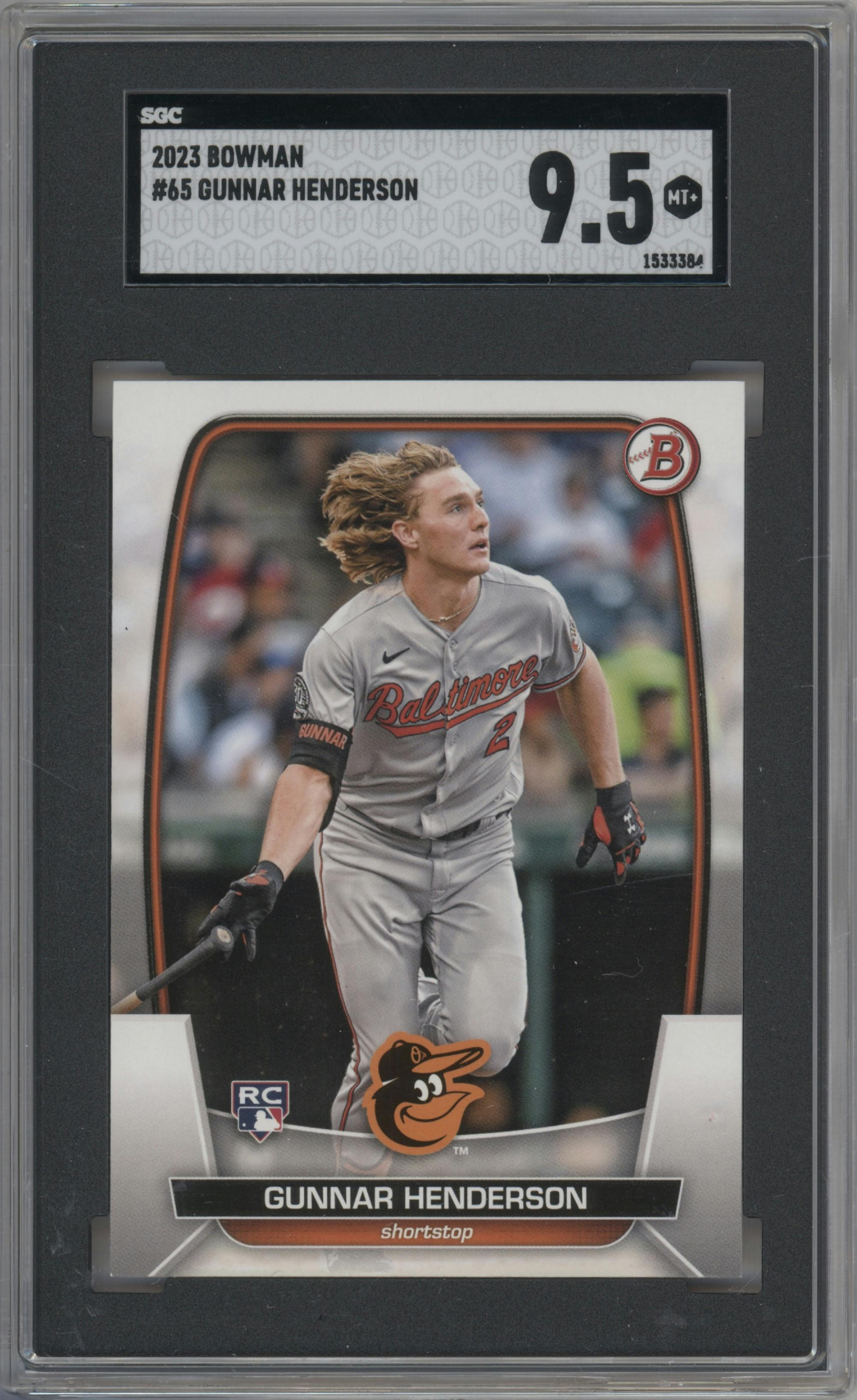 Gunnar Henderson from the 2023 Bowman  set graded by SGC and given an overall grade of 9.5.