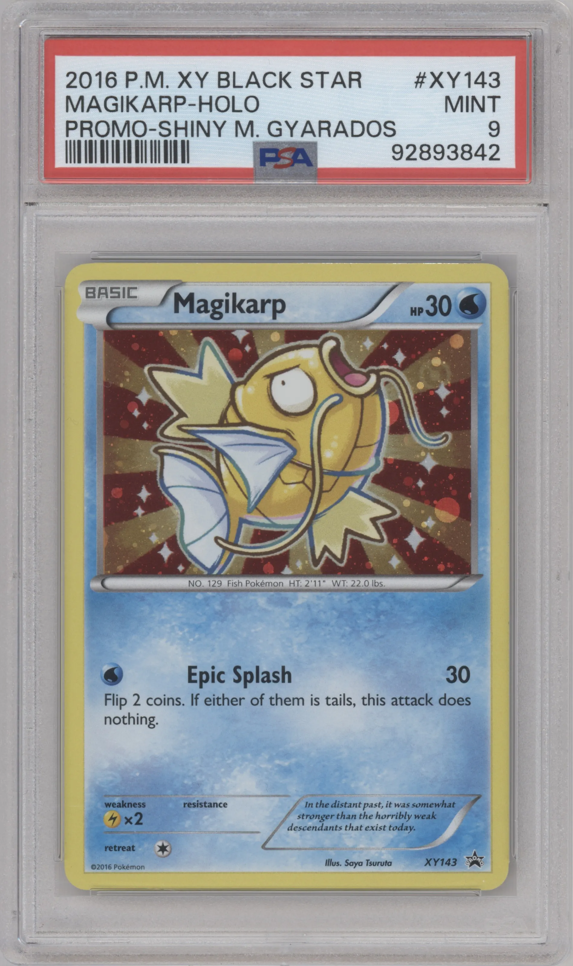 Magikarp from the 2016 Pokemon XY set featuring a Shiny Mega Gyarados Collection parallel graded by PSA and given an overall grade of 9.