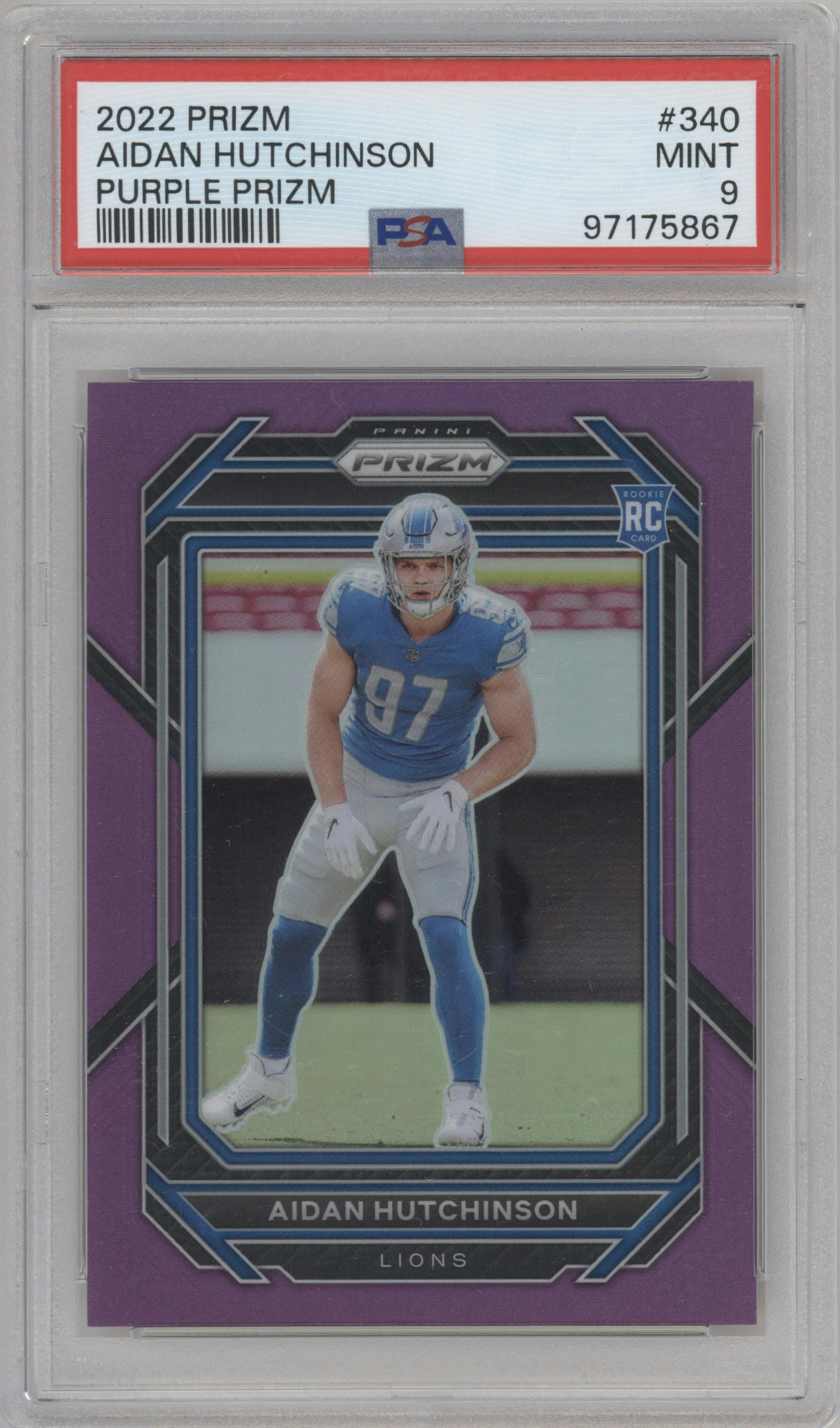 Aidan Hutchinson from the 2022 Panini Prizm set featuring a Purple Prizm parallel graded by PSA and given an overall grade of 9.