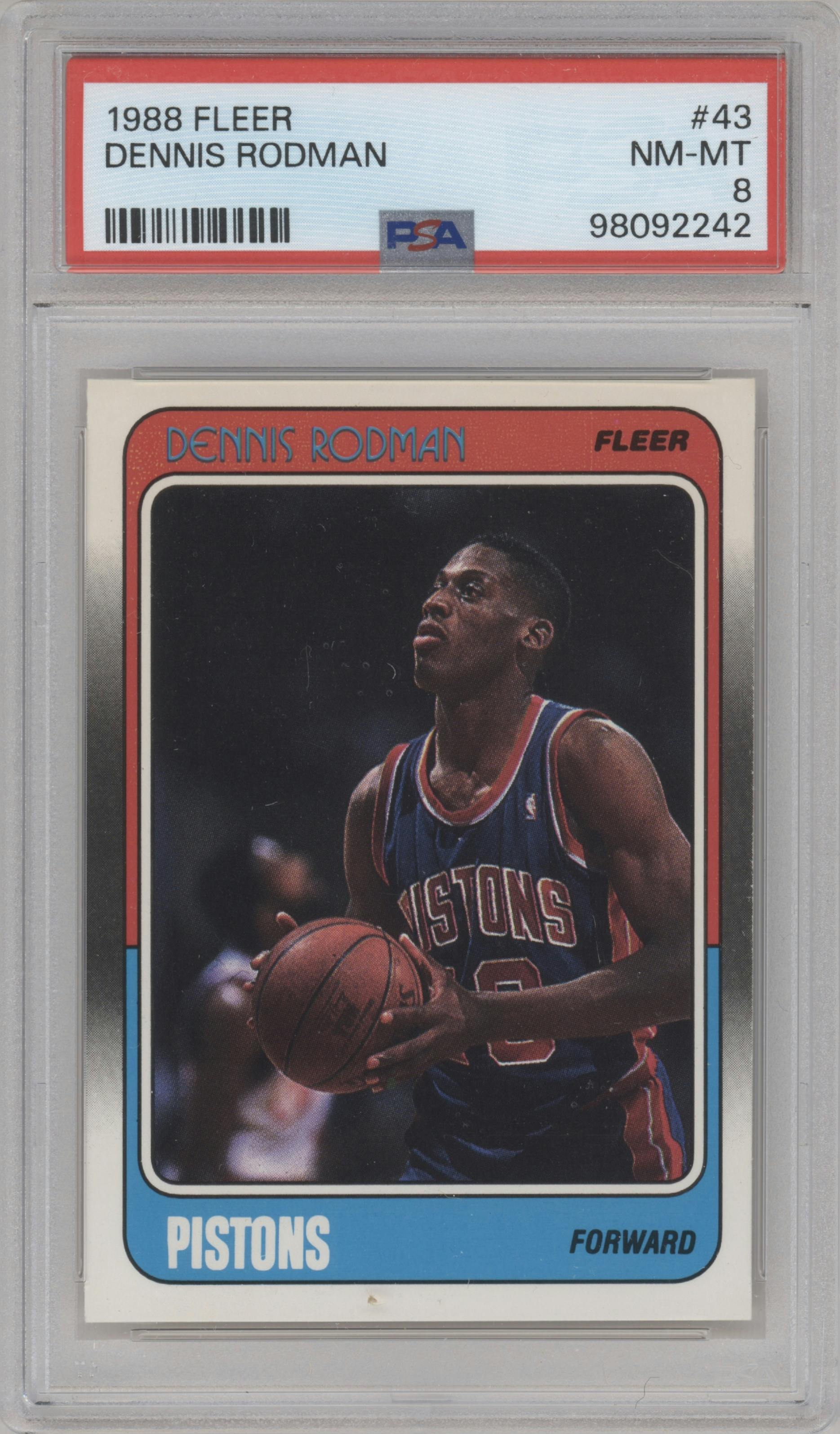 Dennis Rodman from the 1988-89 Fleer set graded by PSA and given an overall grade of 8.