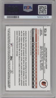 Jackson Holliday from the 2024 Topps Chrome Logofractor set featuring a Gold Refractor parallel graded by PSA and given an overall grade of 10.