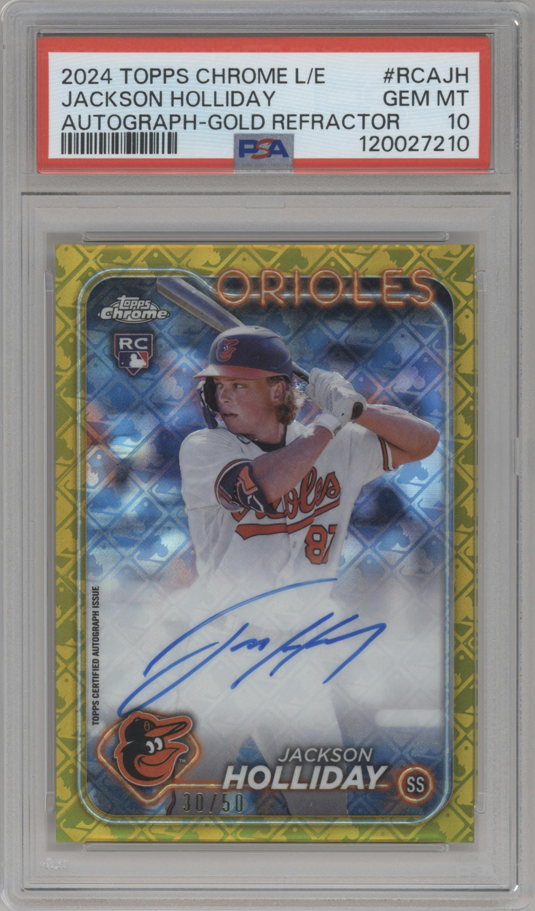 Jackson Holliday from the 2024 Topps Chrome Logofractor set featuring a Gold Refractor parallel graded by PSA and given an overall grade of 10.