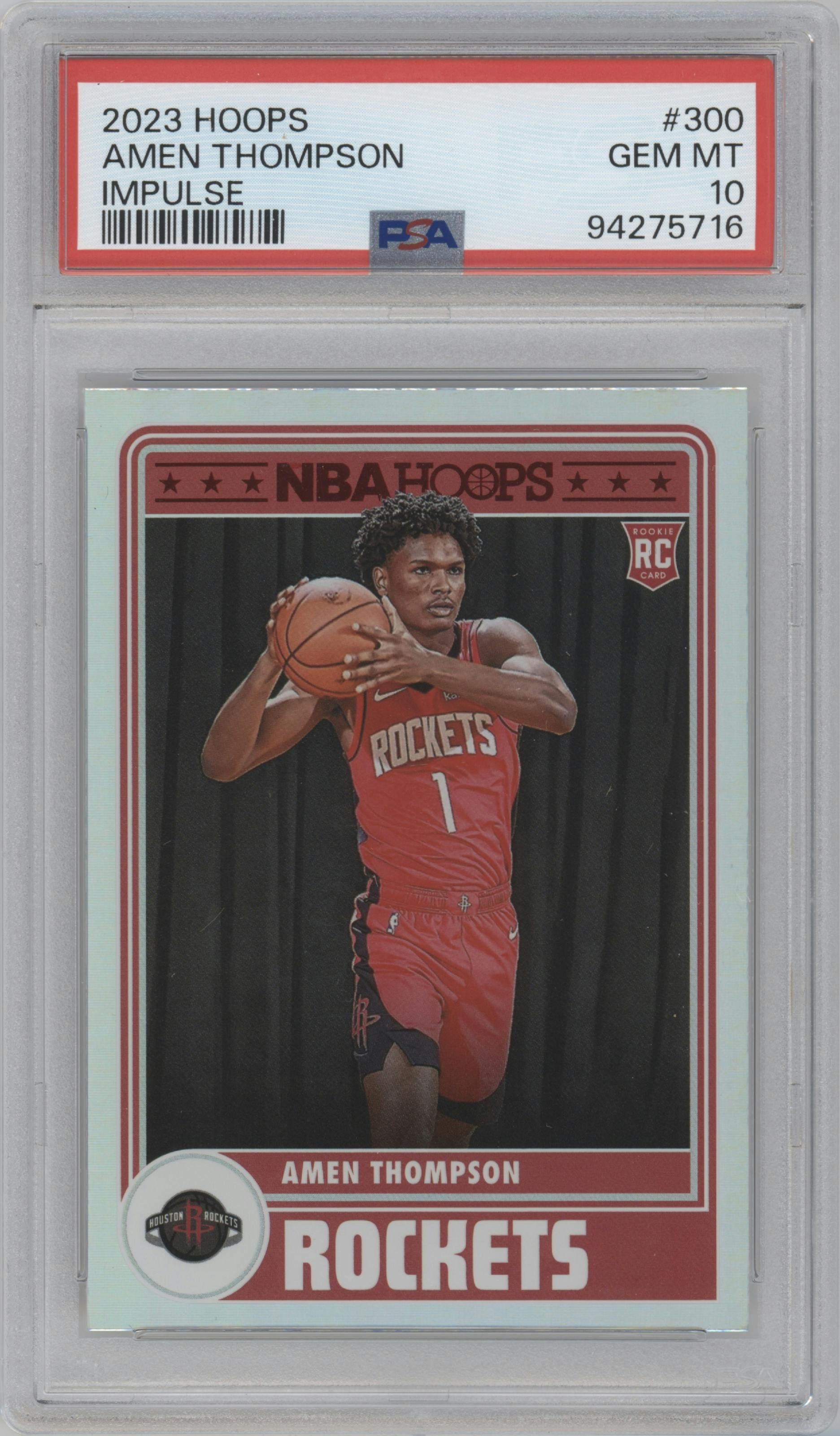 Amen Thompson from the 2023-24 Panini NBA Hoops set featuring a Impulse parallel graded by PSA and given an overall grade of 10.