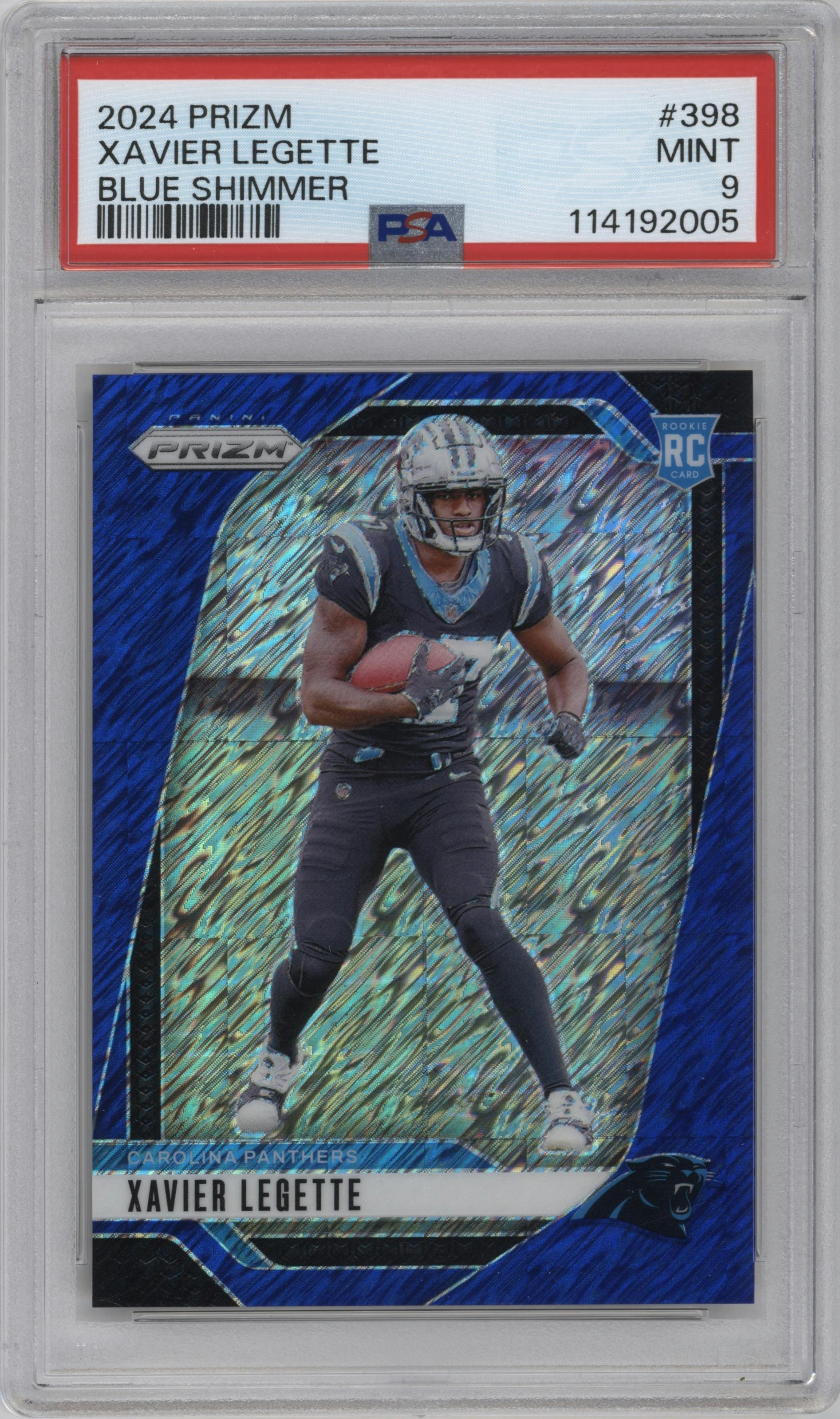 Xavier Legette from the 2024 Panini Prizm set featuring a Blue Shimmer parallel graded by PSA and given an overall grade of 9.