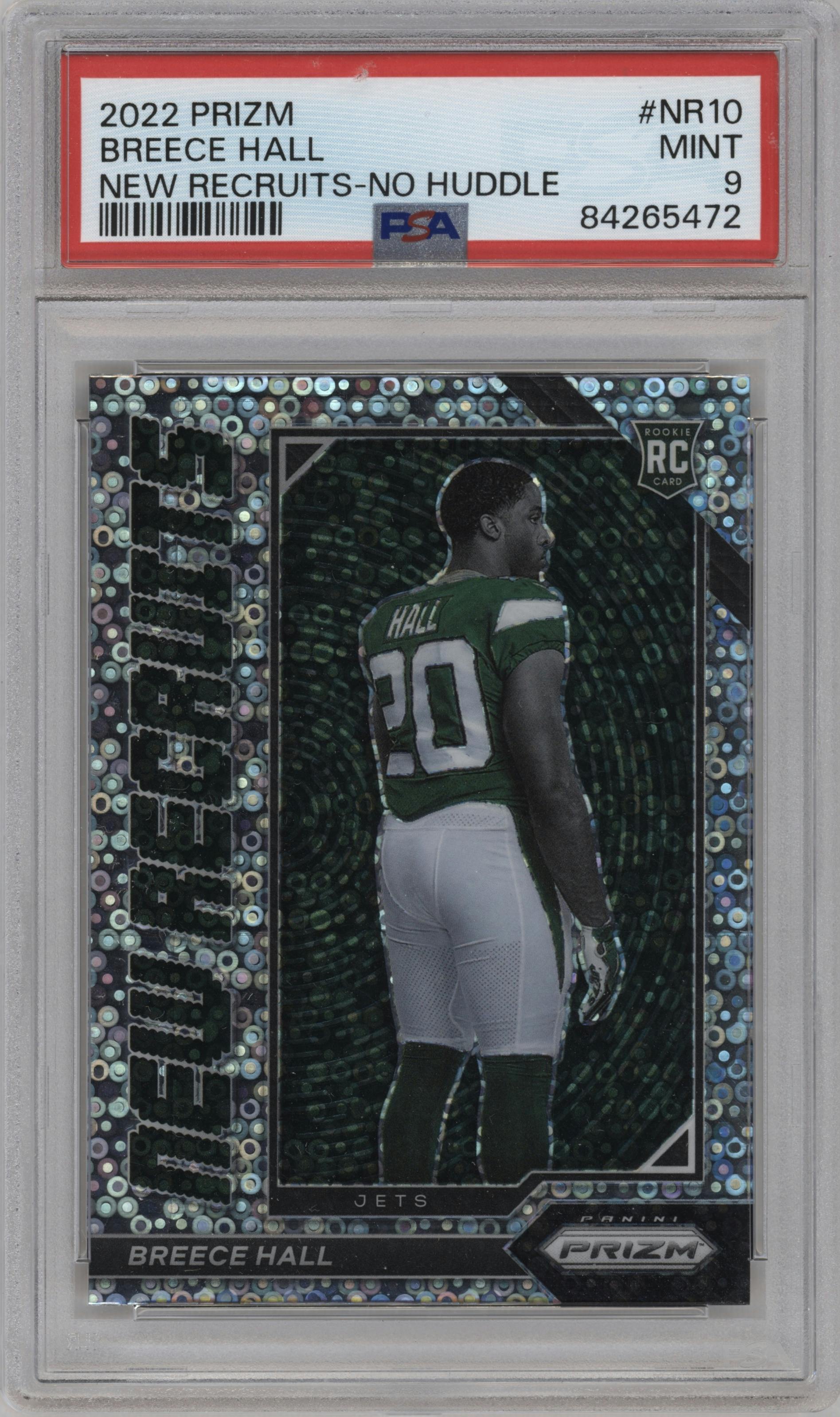 Breece Hall from the 2022 Panini Prizm set featuring a No Huddle parallel graded by PSA and given an overall grade of 9.