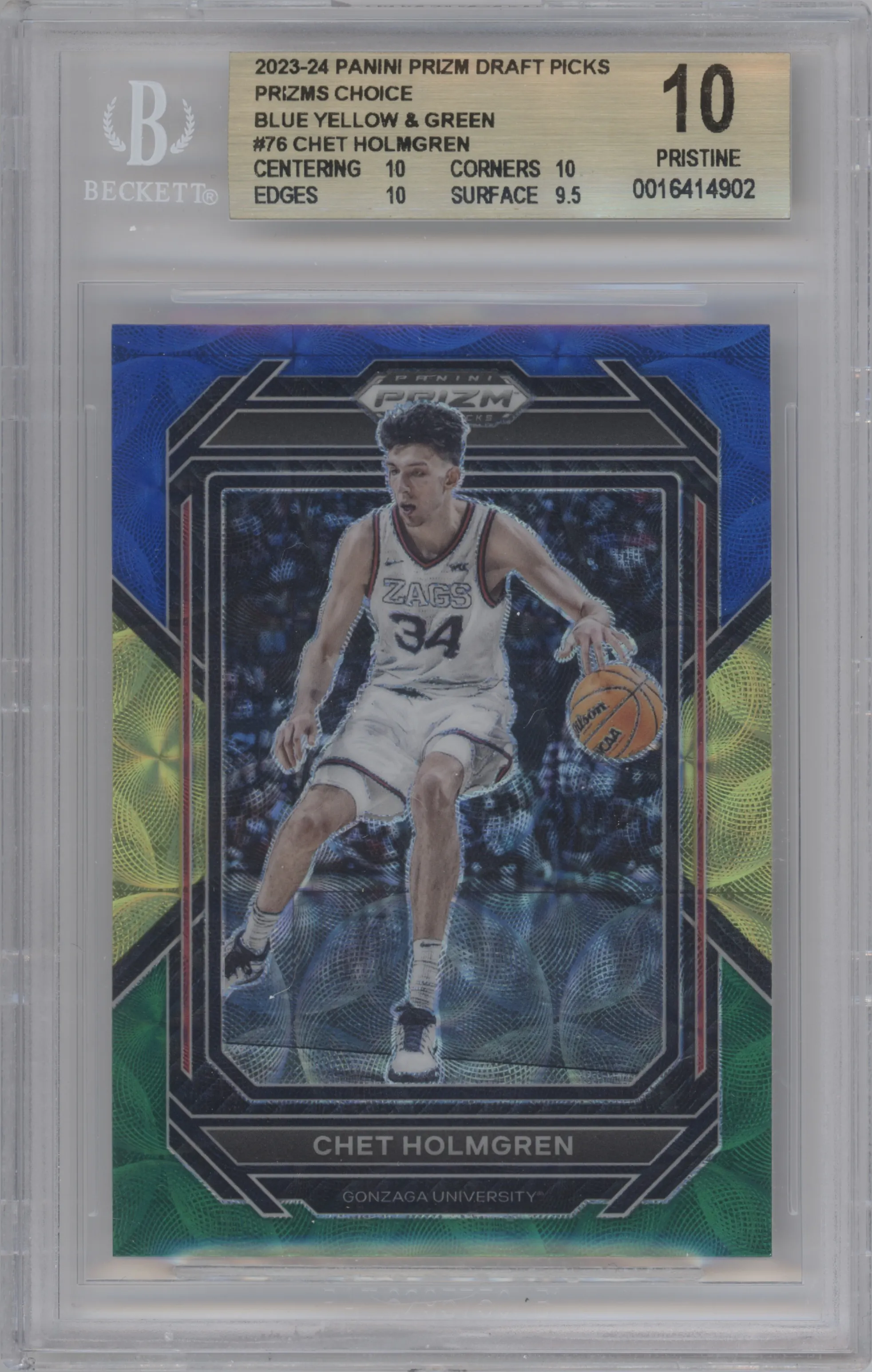 Chet Holmgren from the 2023-24 Panini Prizm Draft Picks set featuring a  Choice Blue/Yellow/Green parallel graded by Beckett and given an overall grade of 10.
