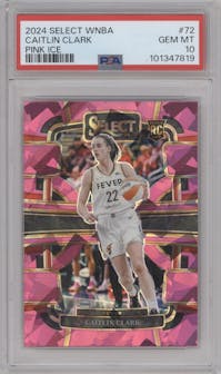 Caitlin Clark from the 2024 Panini Select WNBA set featuring a Pink Ice Prizm parallel graded by PSA and given an overall grade of 10.