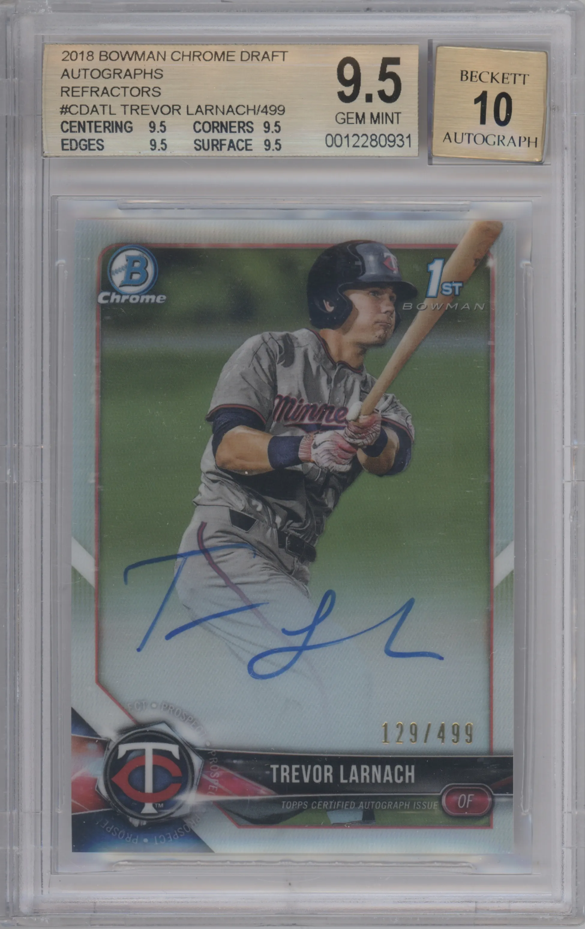 Trevor Larnach from the 2018 Bowman Draft set featuring a Refractor parallel graded by Beckett and given an overall grade of 9.5.