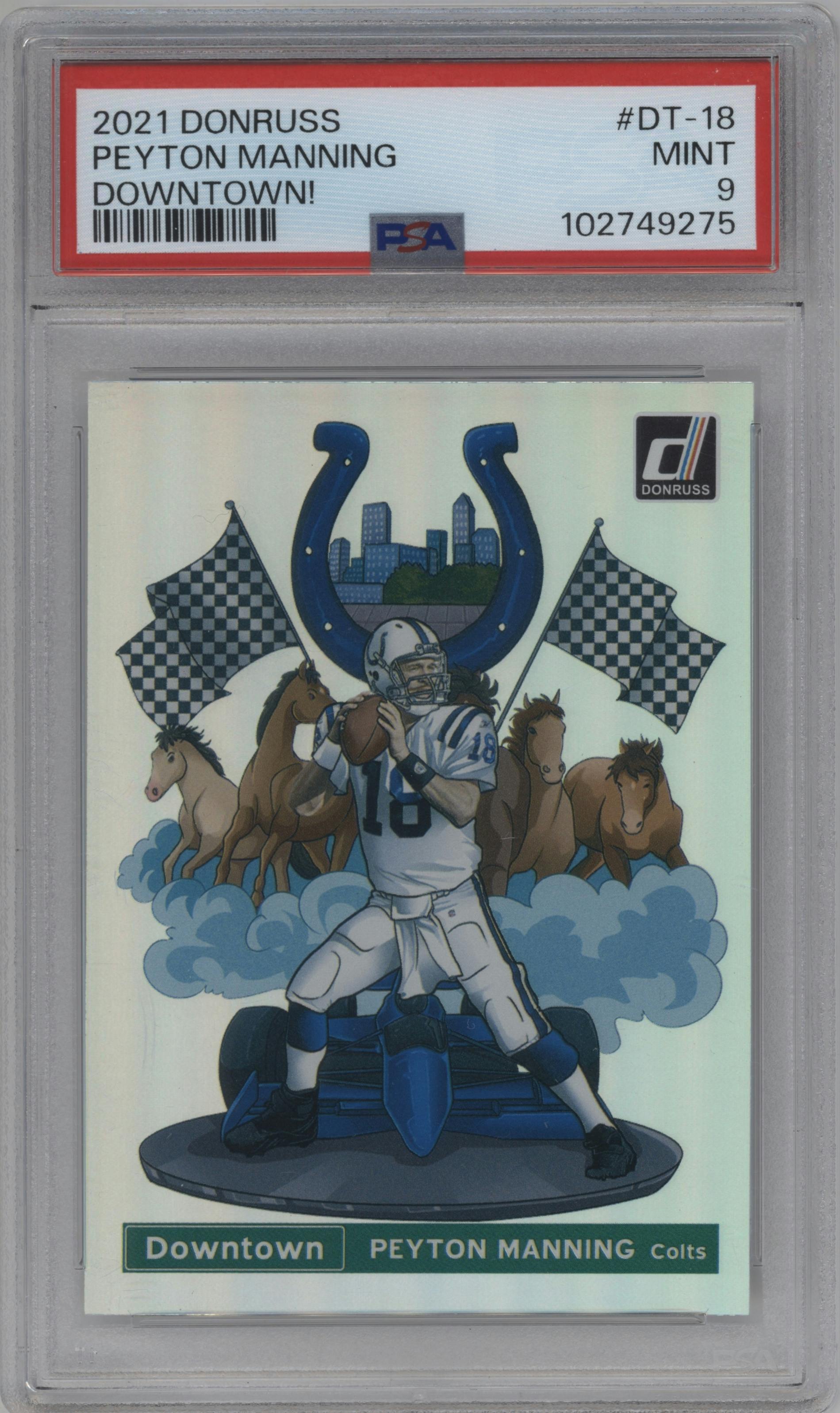 Peyton Manning  from the 2021 Panini Donruss set graded by PSA and given an overall grade of 9.