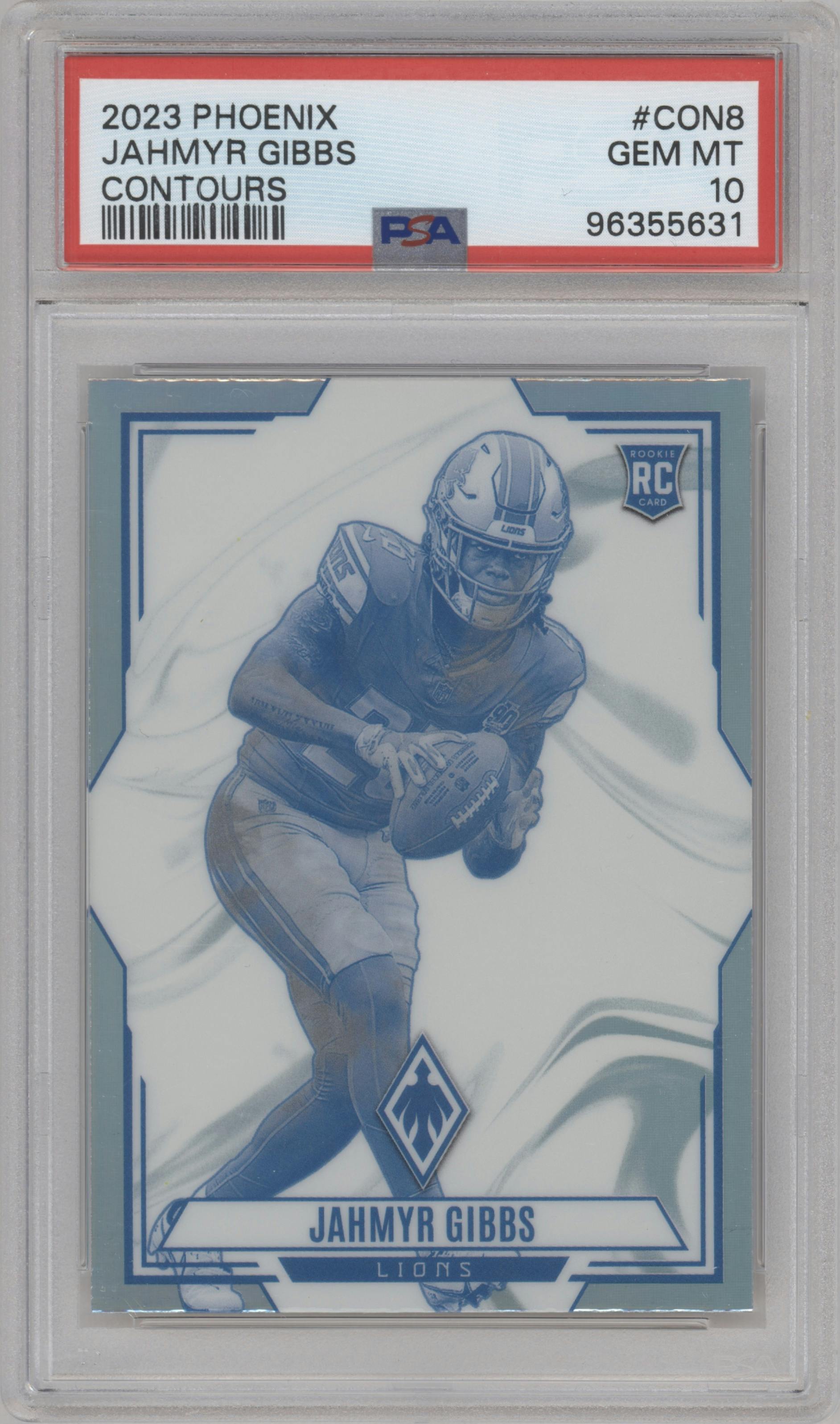 Jahmyr Gibbs from the 2023 Panini Phoenix set graded by PSA and given an overall grade of 10.