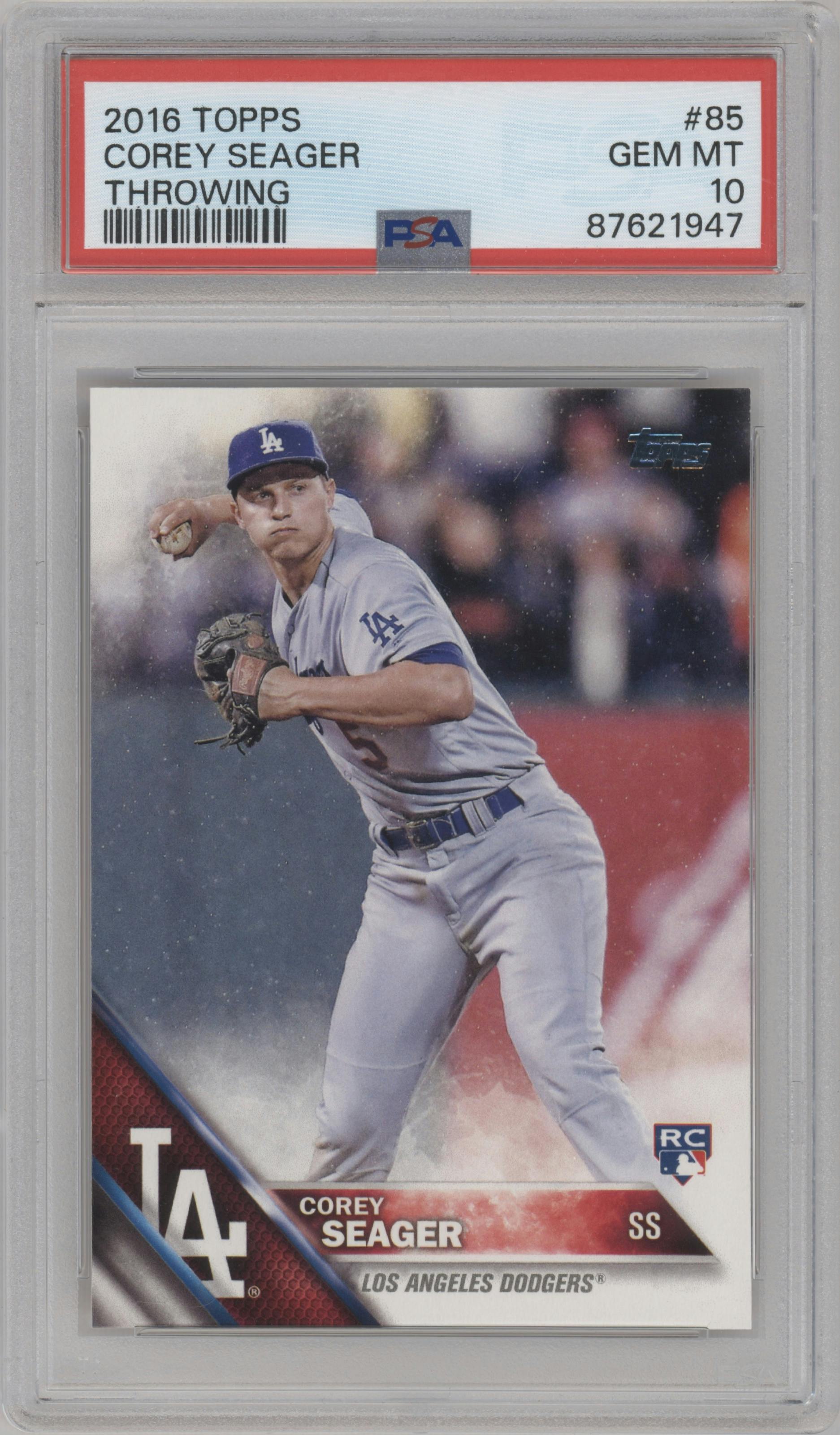 Corey Seager from the 2016 Topps Series 1 set graded by PSA and given an overall grade of 10.