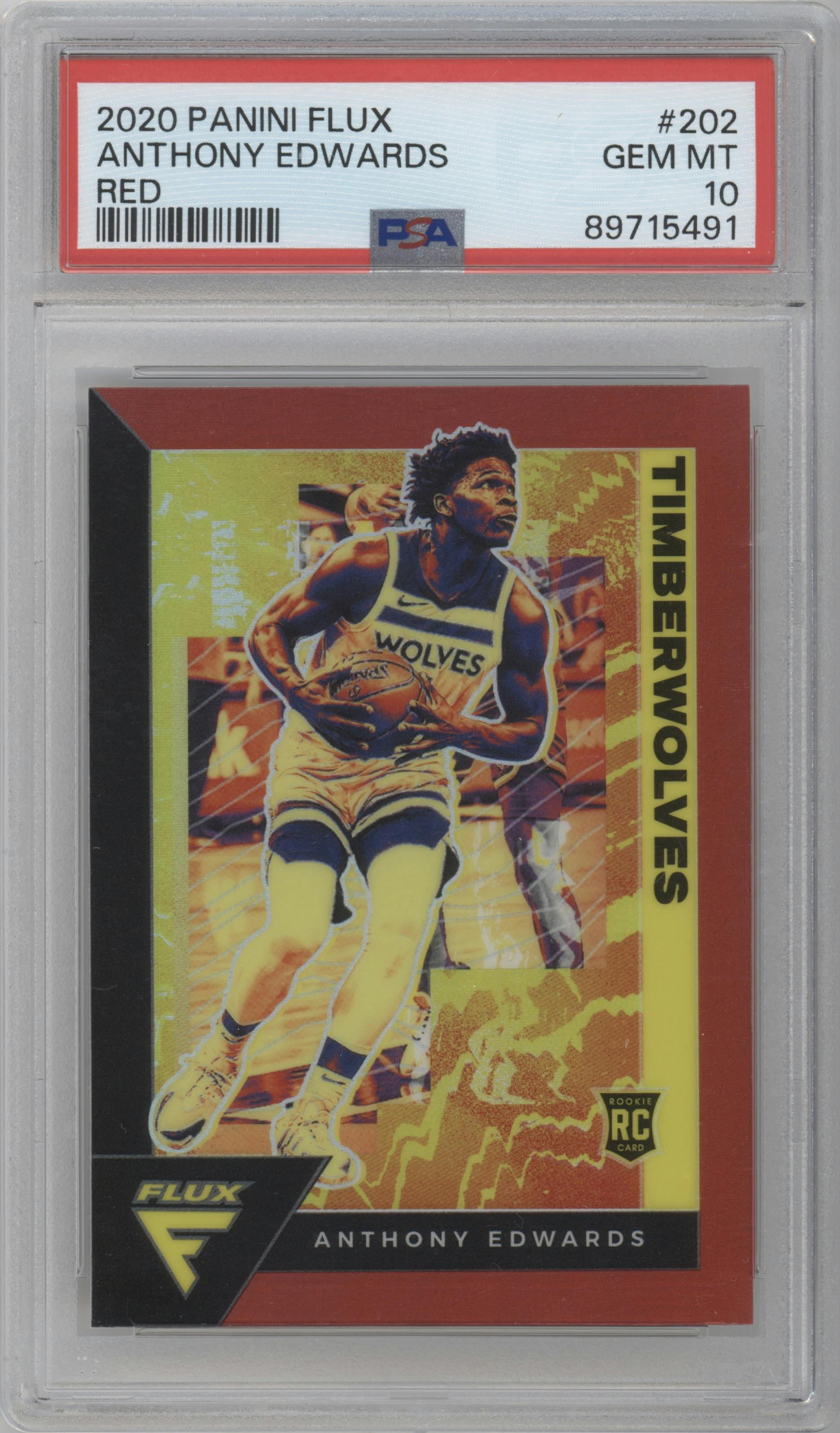 Anthony Edwards from the 2020-21 Panini Flux set featuring a Red parallel graded by PSA and given an overall grade of 10.