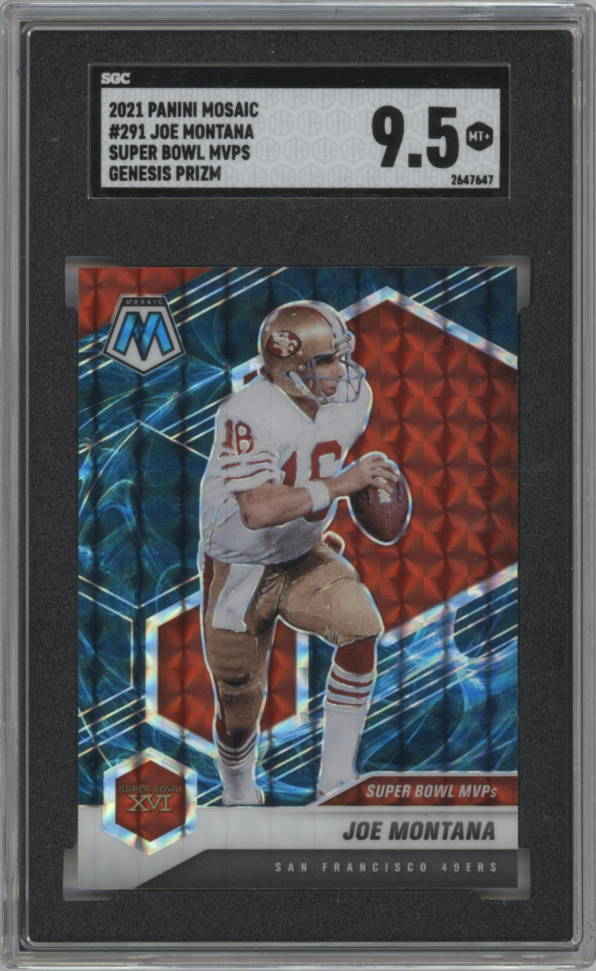 Joe Montana from the 2021 Panini Mosaic set featuring a Genesis parallel graded by SGC and given an overall grade of 9.5.