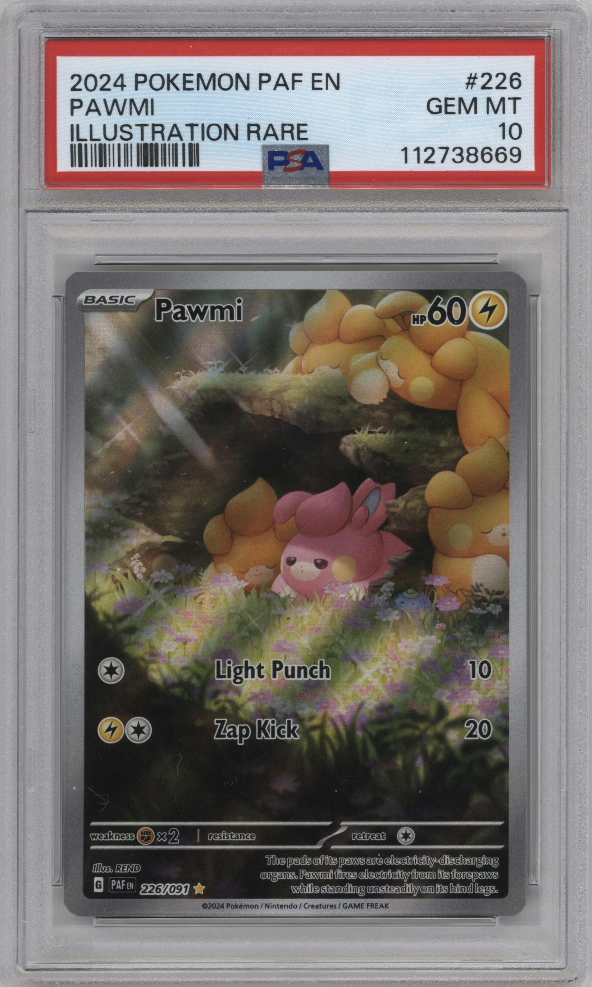 Pawmi from the 2024 Pokemon SV set graded by PSA and given an overall grade of 10.