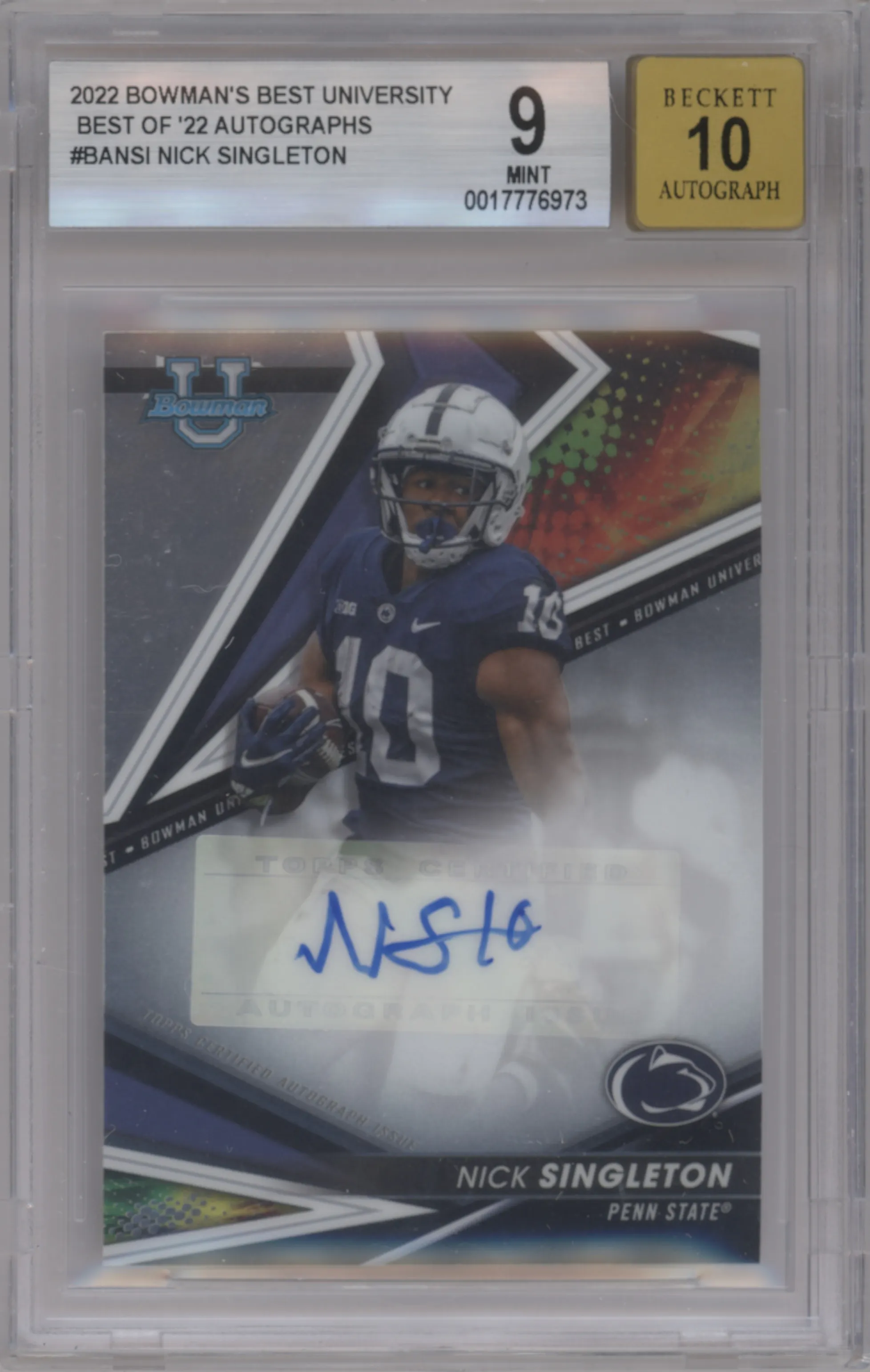 Nick Singleton from the 2022-23 Bowman’s Best University  set graded by Beckett and given an overall grade of 9.