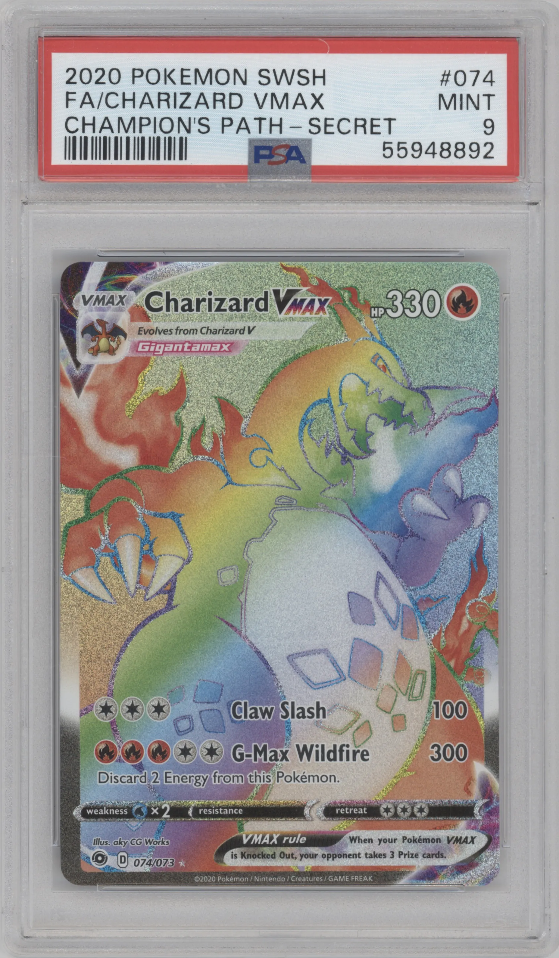 Charizard VMAX from the 2020 Pokemon SWSH set graded by PSA and given an overall grade of 9.