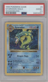 Gyarados from the 1999 Pokemon set graded by PSA and given an overall grade of 2.5.
