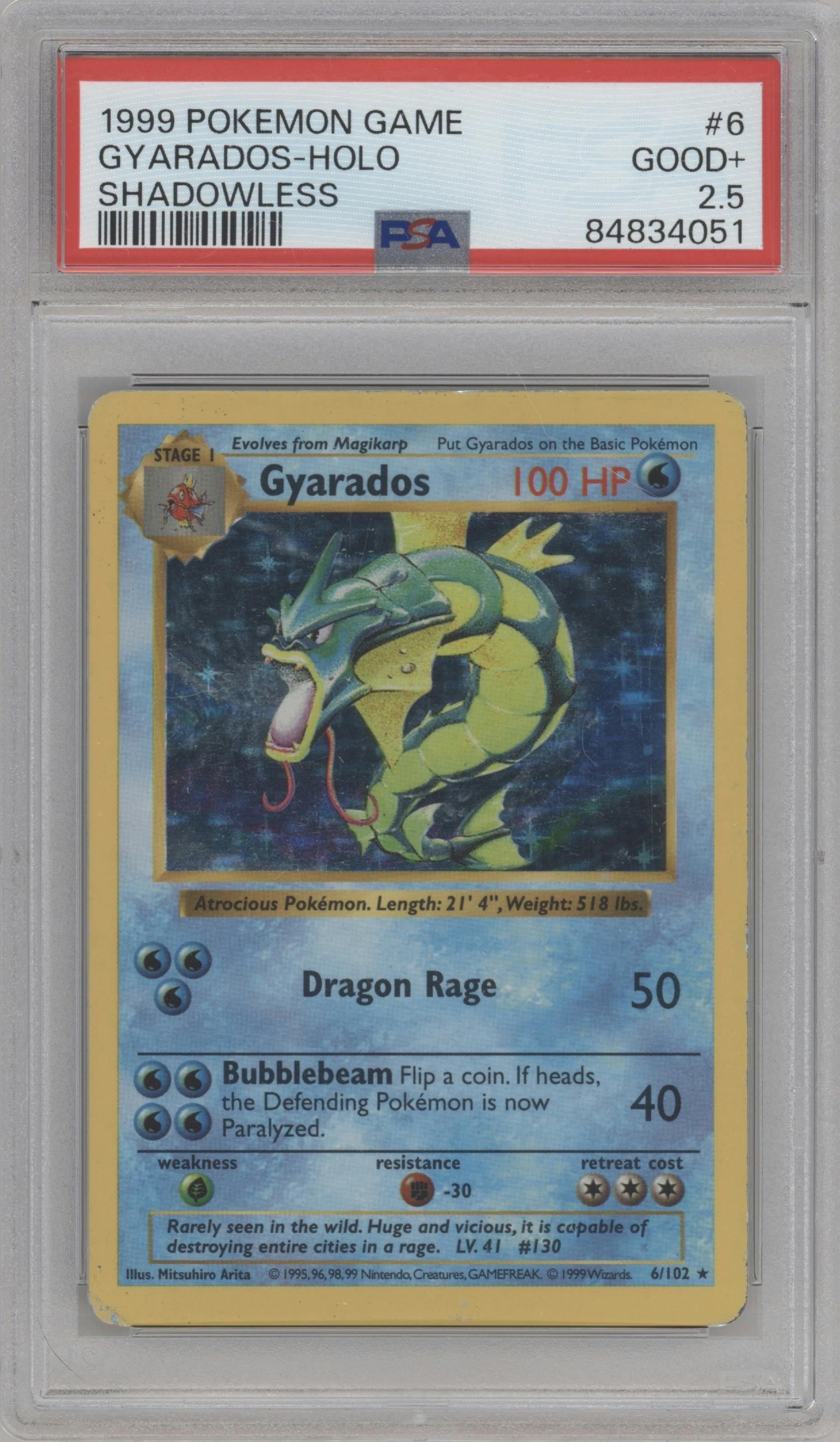 Gyarados from the 1999 Pokemon set graded by PSA and given an overall grade of 2.5.