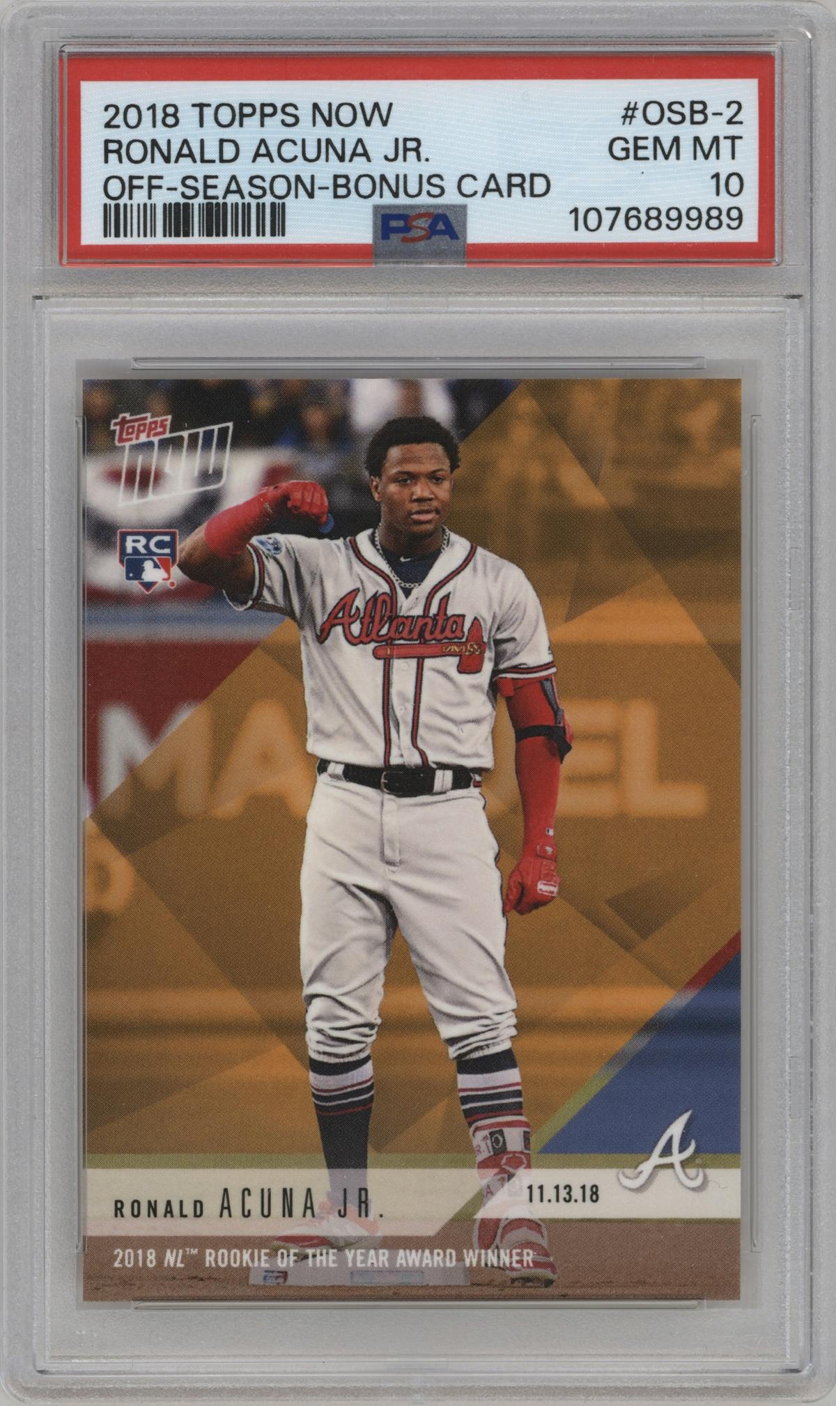 Ronald Acuna Jr. from the 2018-19 Topps Now Offseason set graded by PSA and given an overall grade of 10.