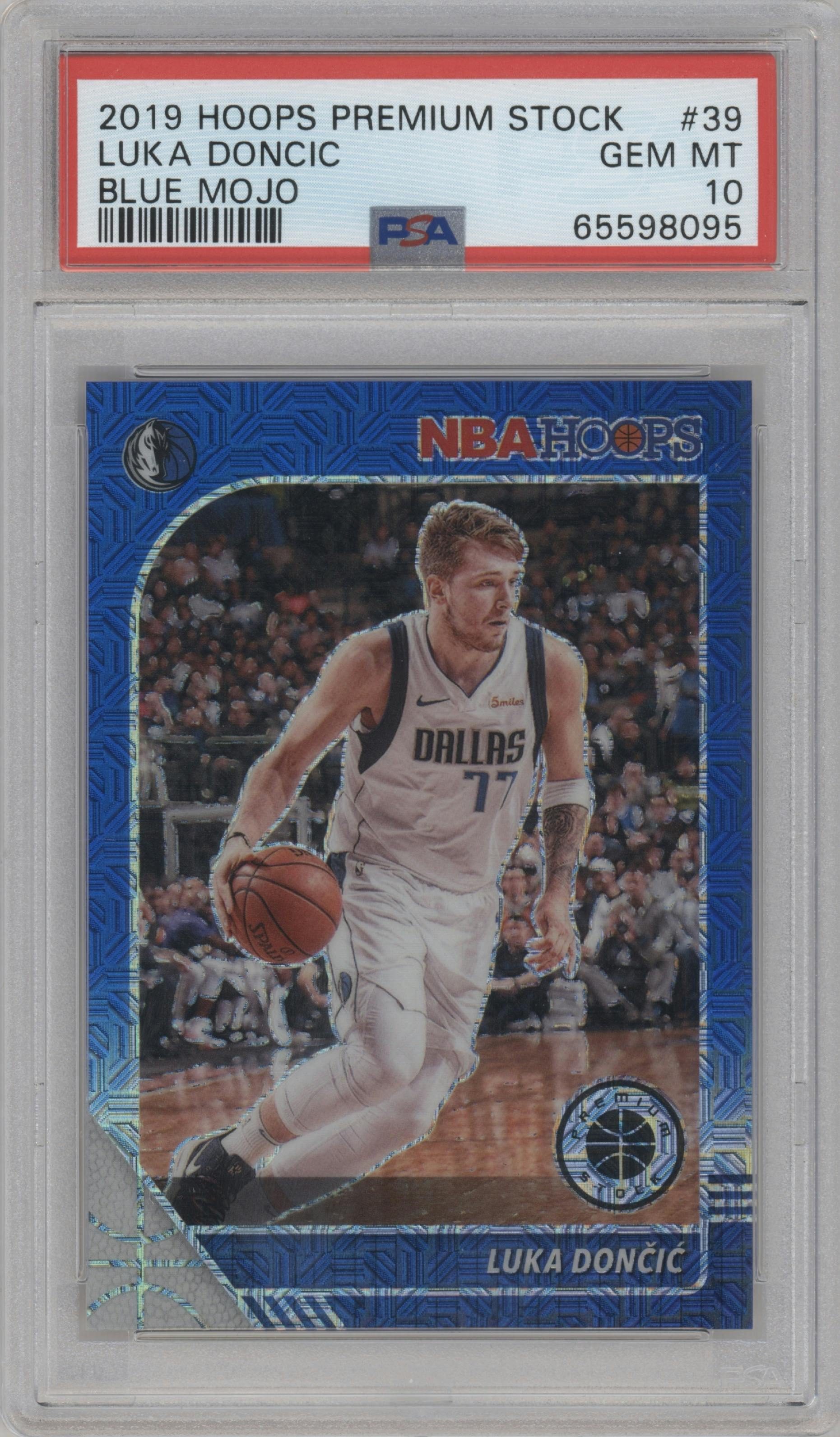 Luka Doncic from the 2019-20 Panini Hoops Premium Stock set featuring a Blue Mojo parallel graded by PSA and given an overall grade of 10.