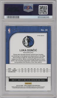 Luka Doncic from the 2019-20 Panini Hoops Premium Stock set featuring a Blue Mojo parallel graded by PSA and given an overall grade of 10.