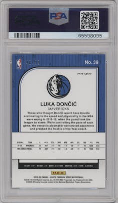Luka Doncic from the 2019-20 Panini Hoops Premium Stock set featuring a Blue Mojo parallel graded by PSA and given an overall grade of 10.