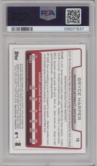 Bryce Harper from the 2012 Bowman Draft set graded by PSA and given an overall grade of 9.