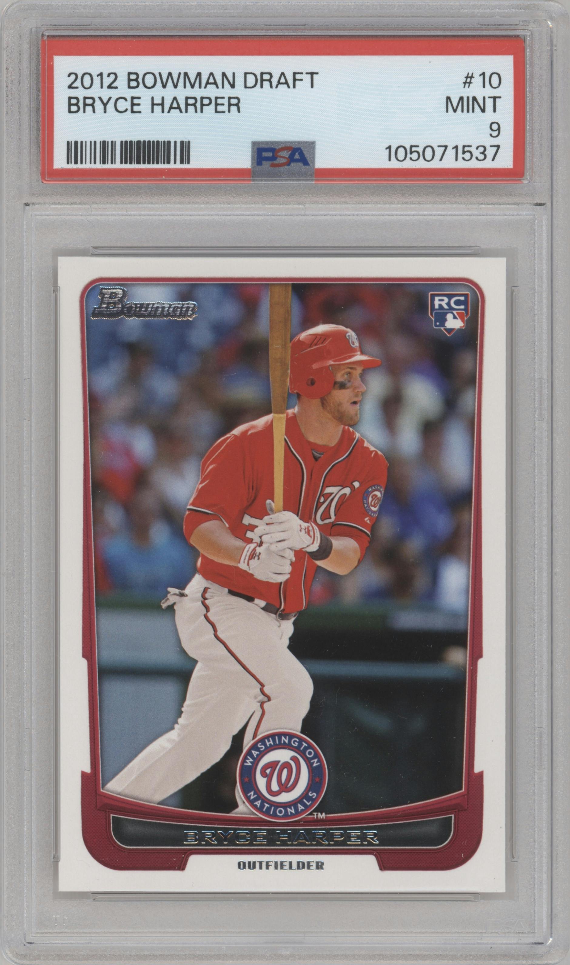 Bryce Harper from the 2012 Bowman Draft set graded by PSA and given an overall grade of 9.